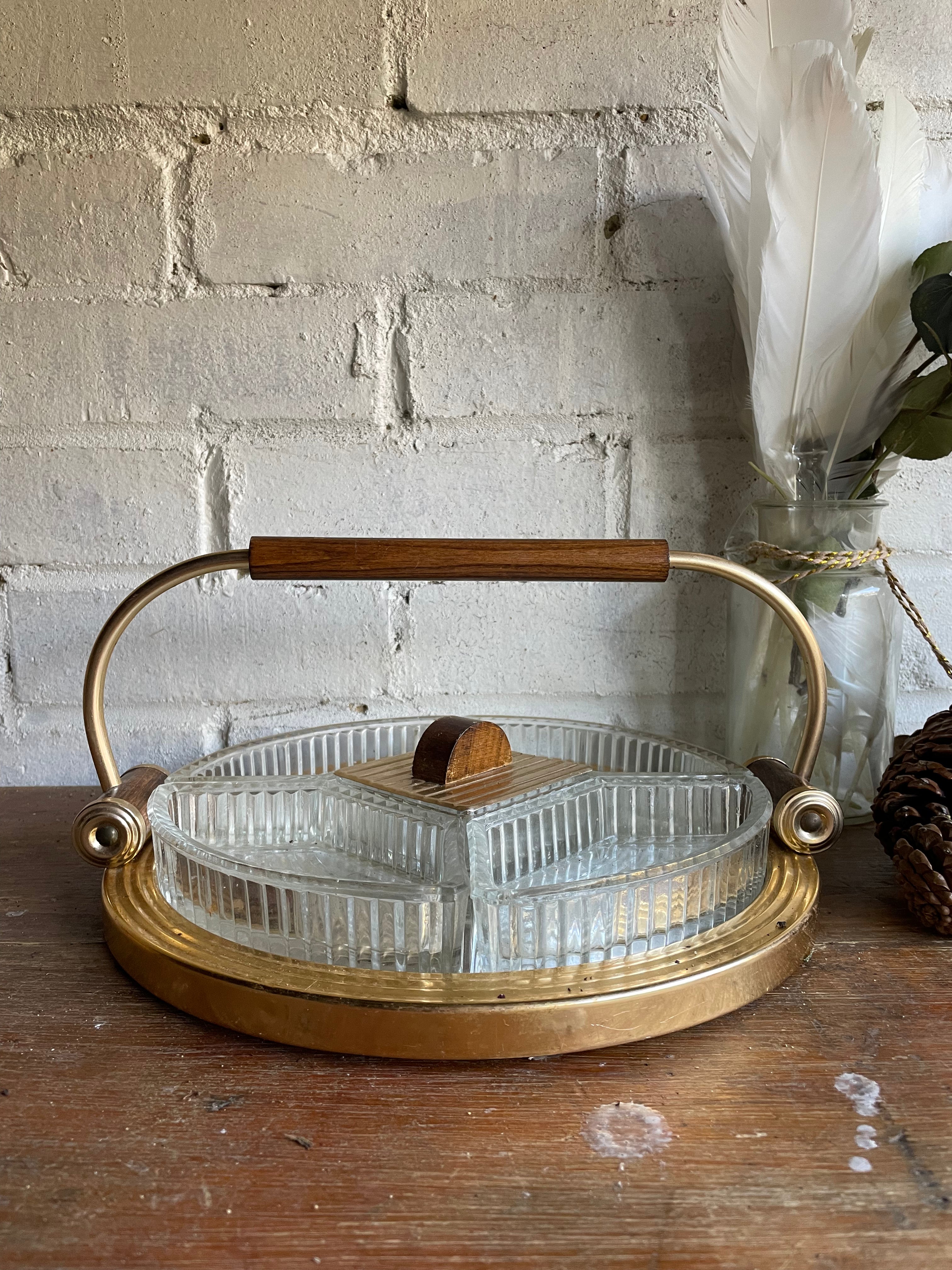 Art Deco Canapé Dish with removable glass dishes and mirrored tray