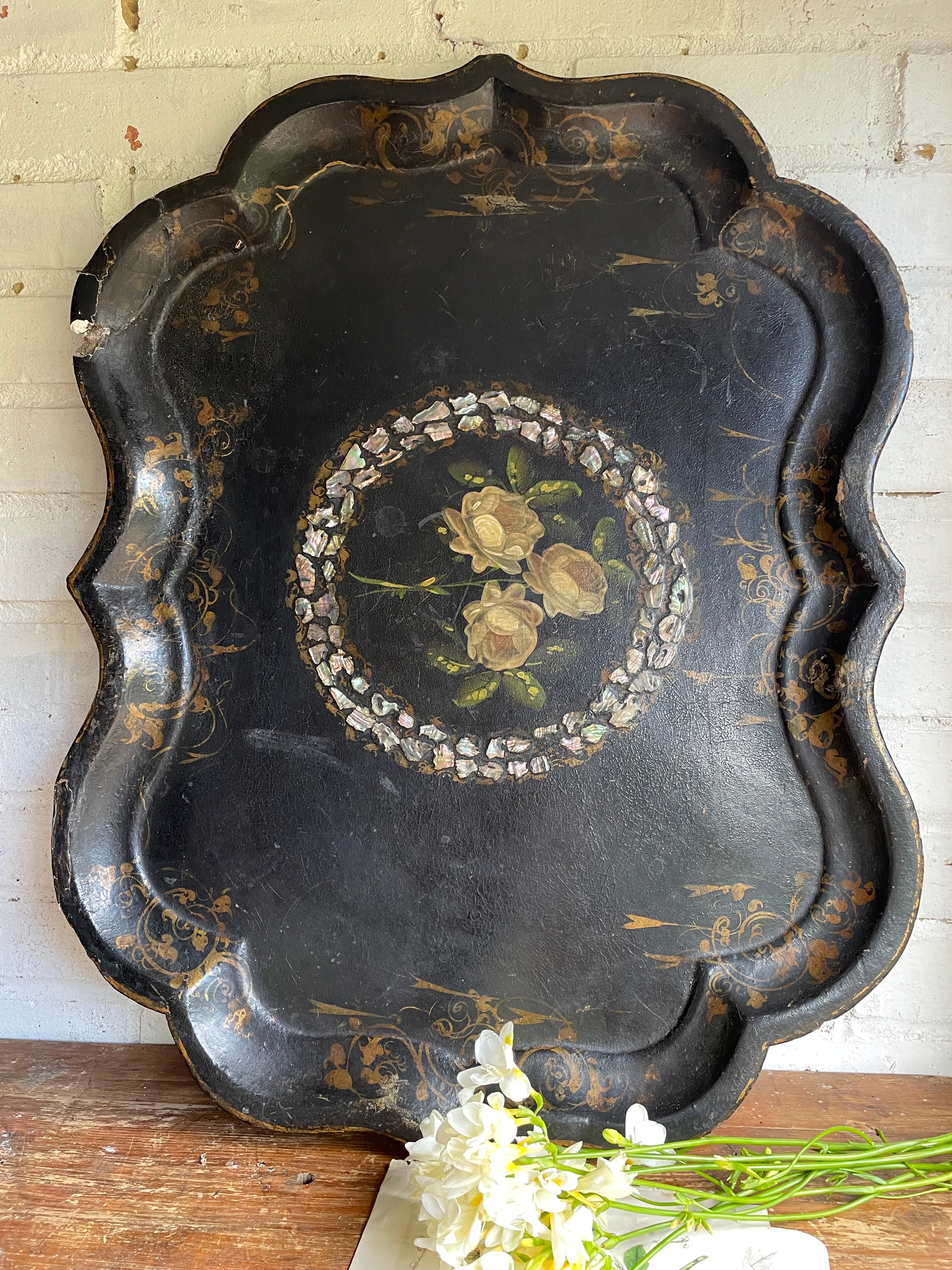 Oversized 19th Century Papier Mache Tray with Mother of Pearl