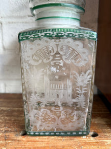 Victorian Etched & Enamelled Glass Bathroom Jar with Lid
