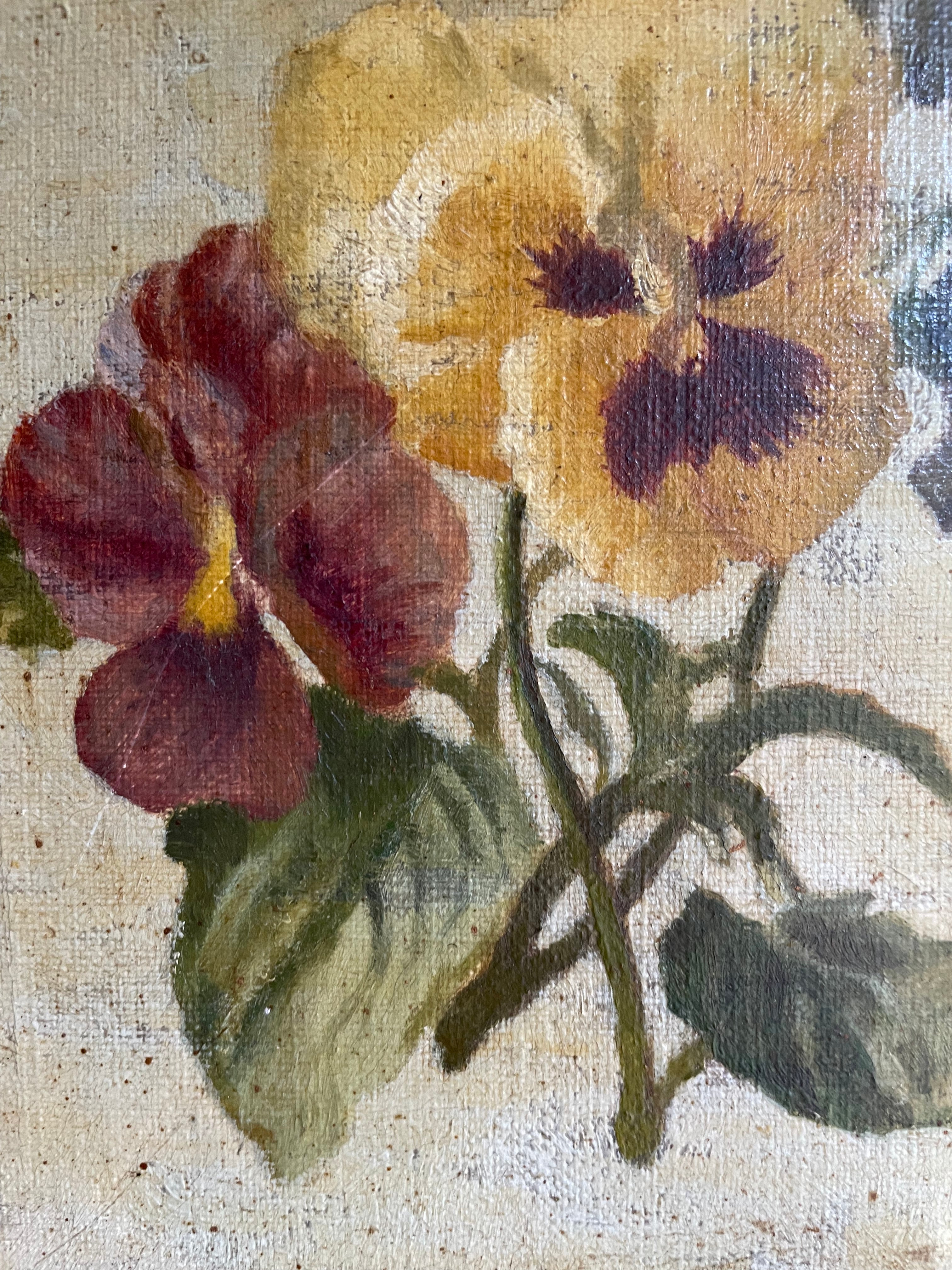 Early 1900s Still Life of Pansies: Antique Oil on Hessian Canvas