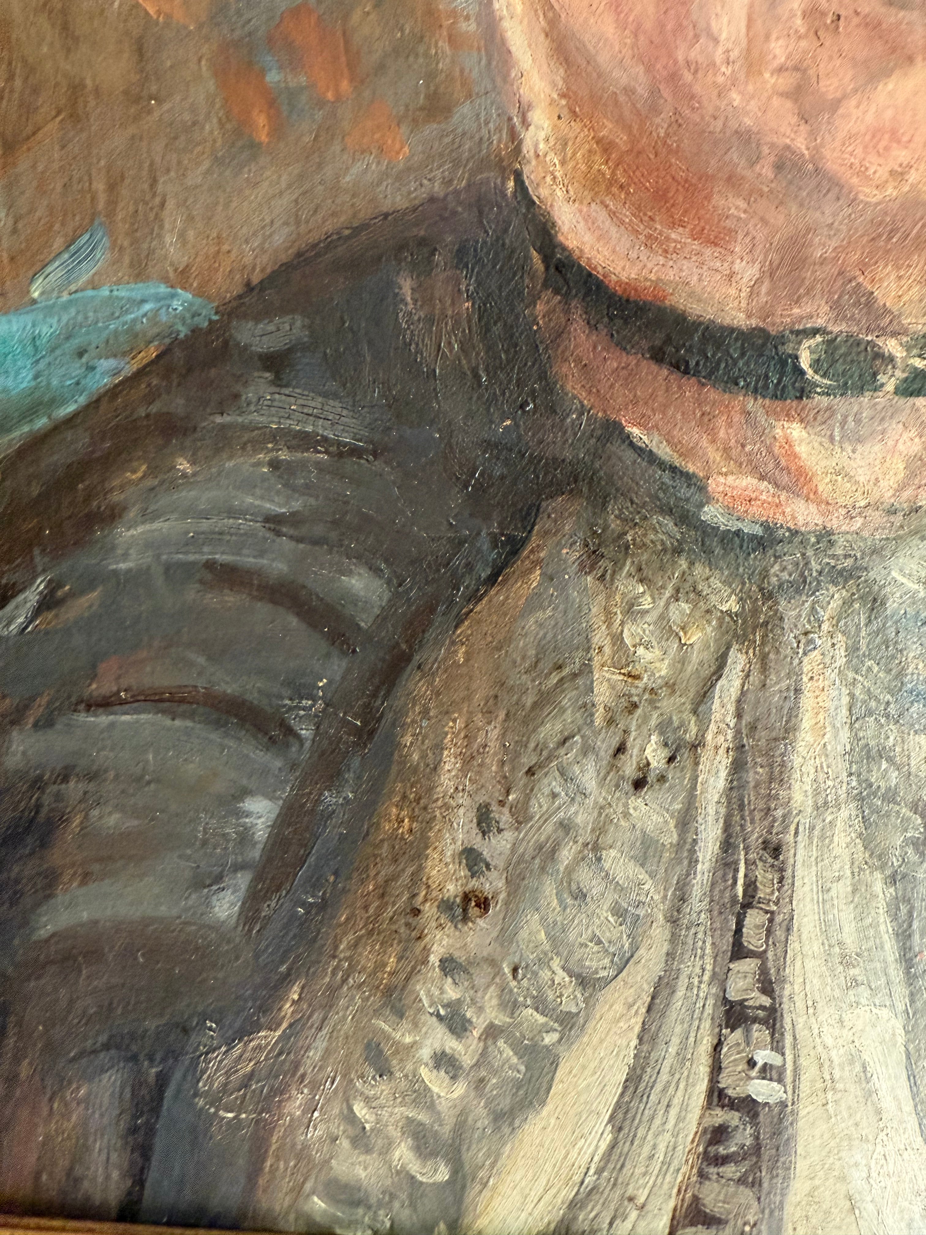 The Lace Hat: Early 20th Century Oil on Canvas with Red Velvet Frame