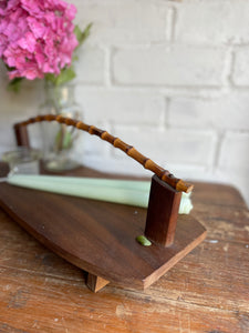 Midcentury wooden platter with bamboo handle