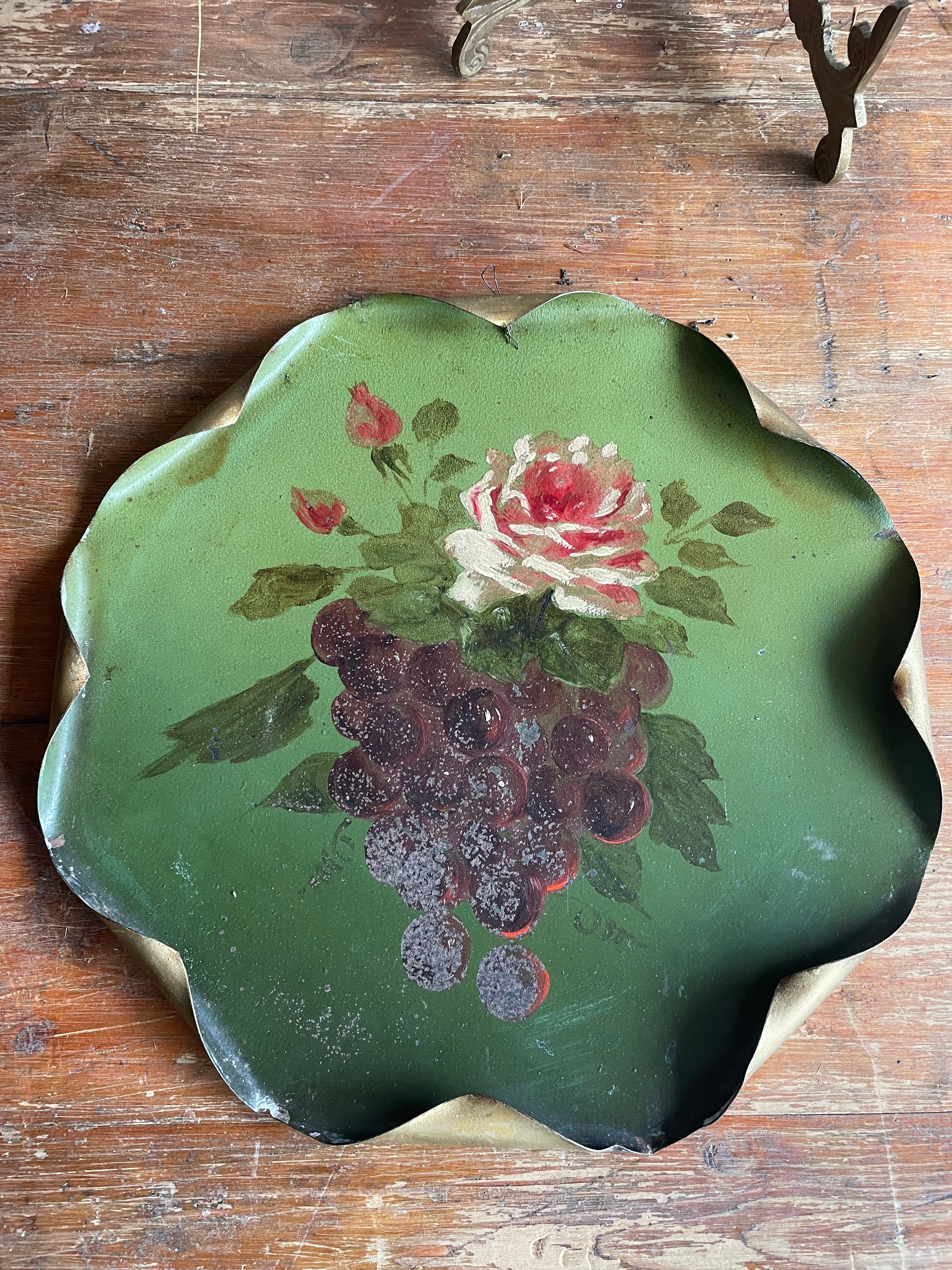 Green Toleware Plate with Handpainted Red and Cream Rose & Grapes
