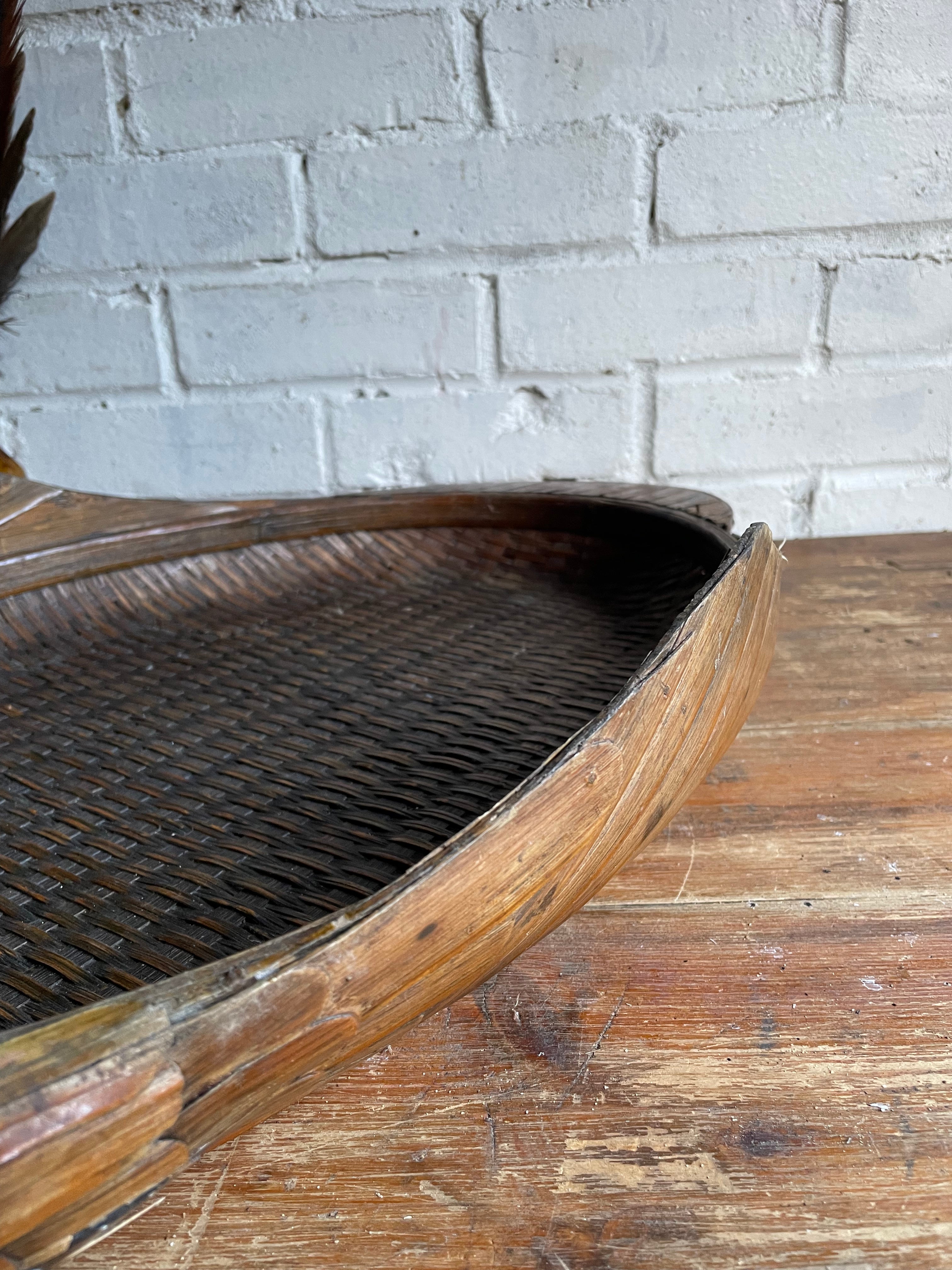 Duck-Shaped Wooden and Rattan Tray