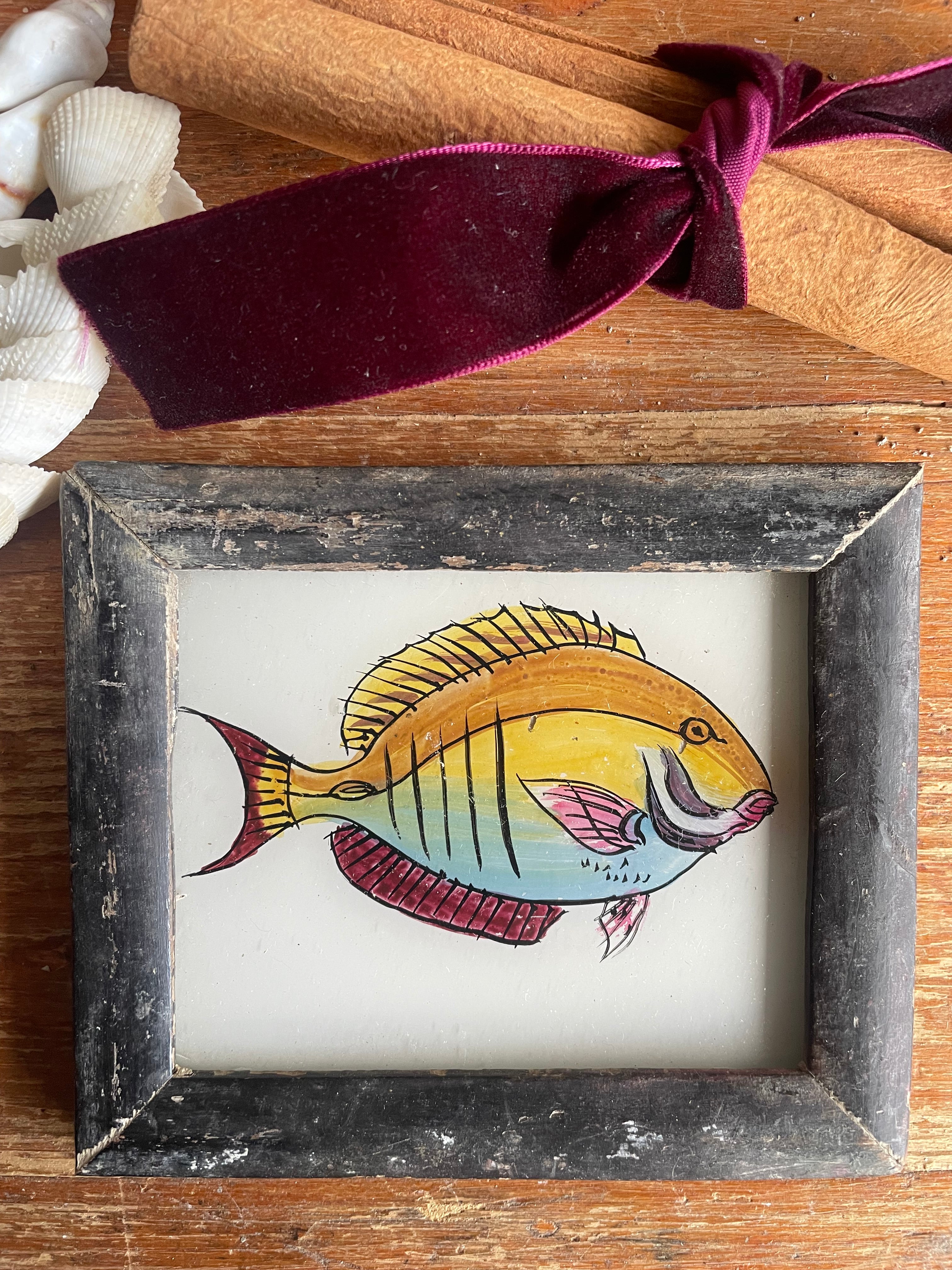 Mini Indian Reverse Glass Painting with Vintage Frame: Fish