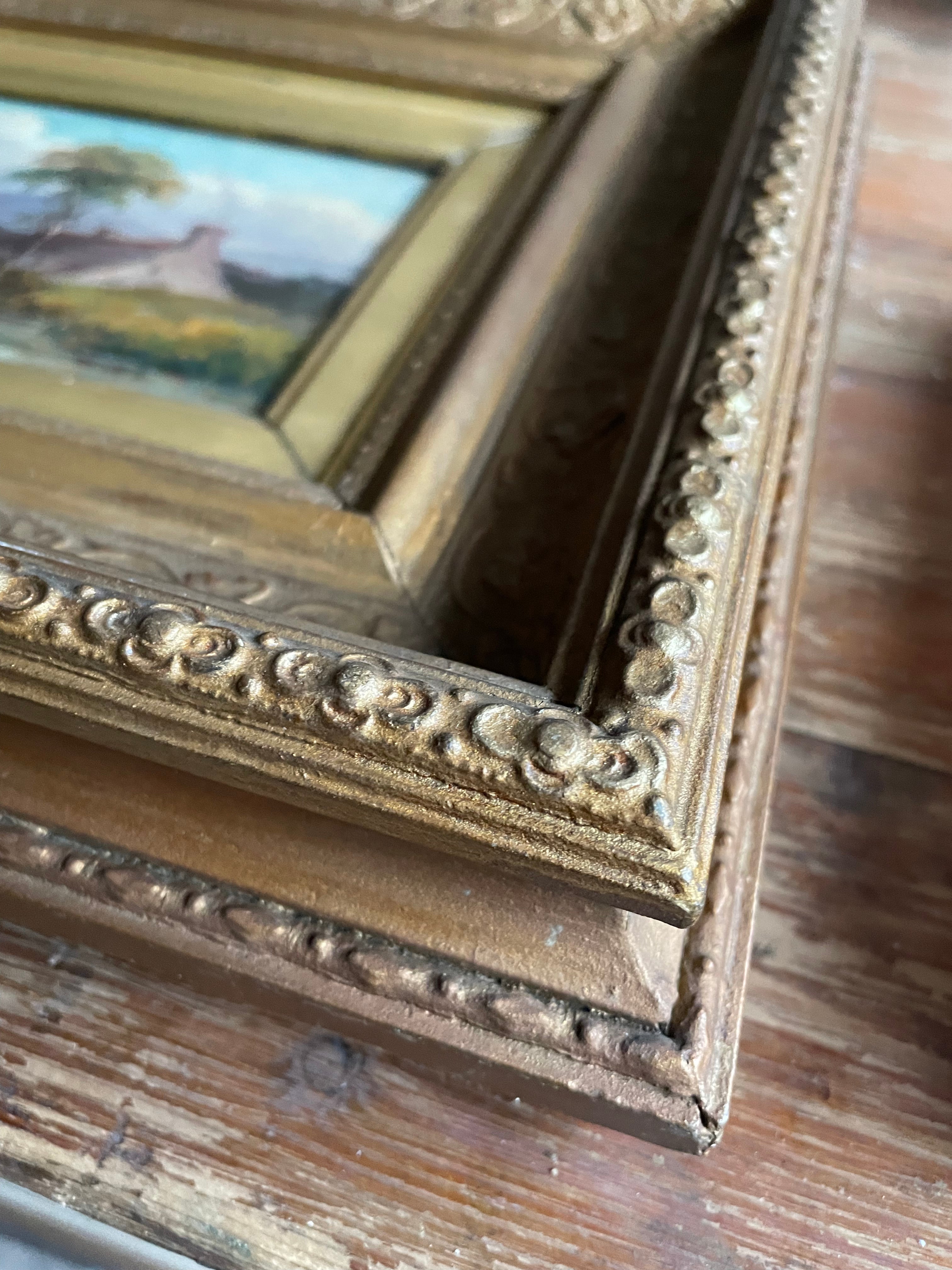 Rural Landscape with Cows Grazing: 19th Century Signed Oil on Wood with Gilt Frame