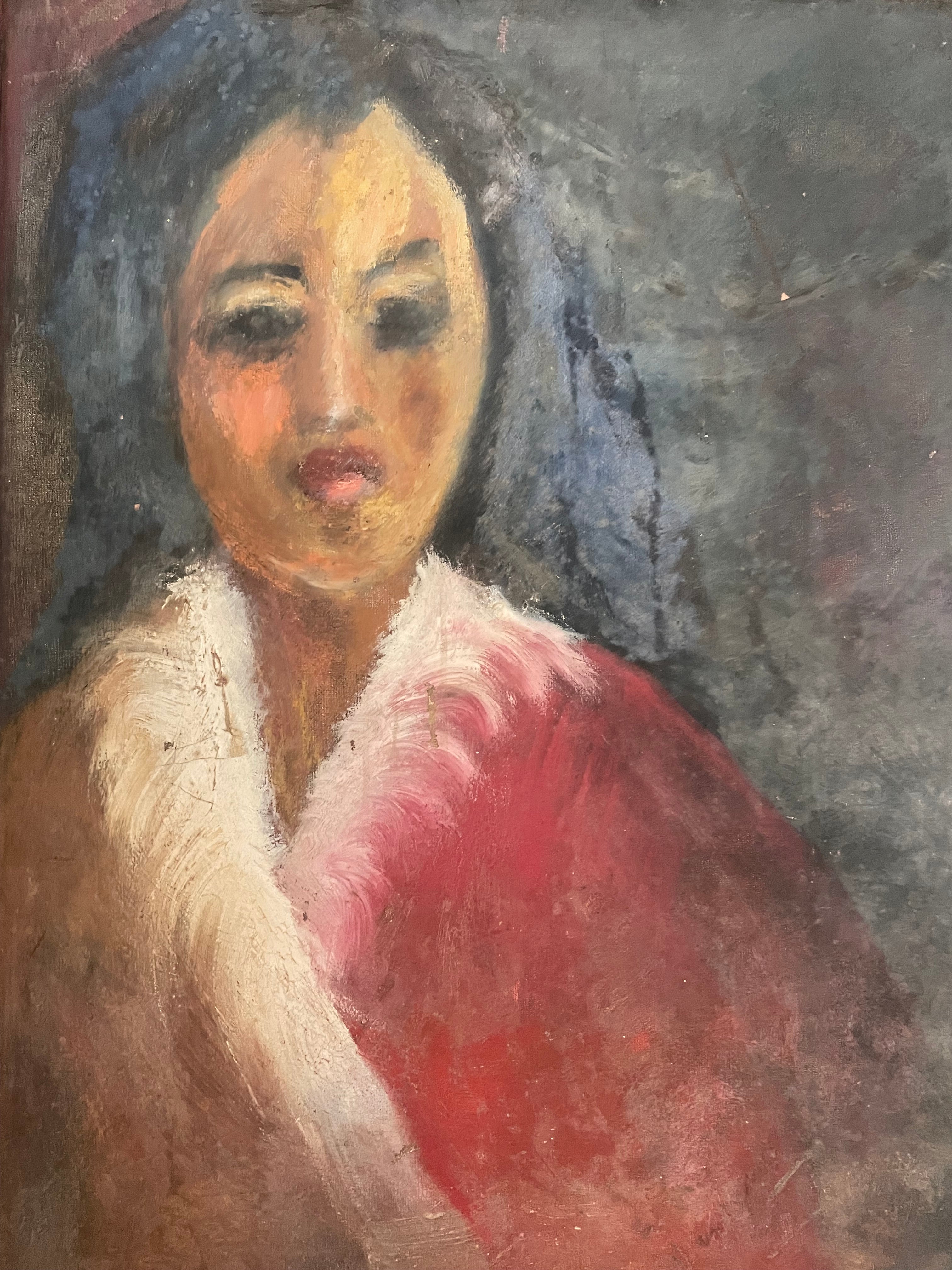 Impressionist Style Portrait with Feather Cape: Mid 20th Century Oil on Board