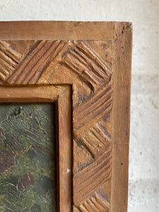 Still Life with Crysanthemums: 1930s French Oil on Board with Original Carved Wooden Frame