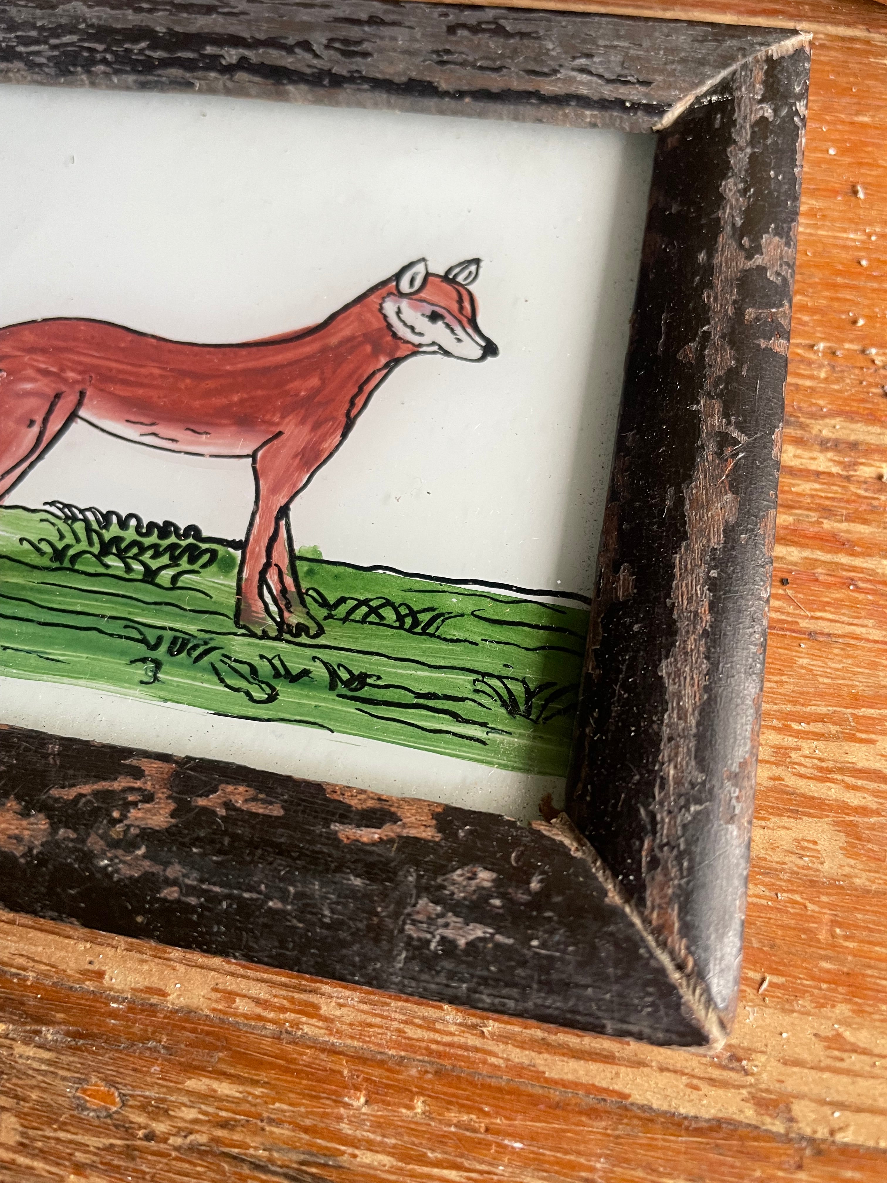Mini Indian Reverse Glass Painting with Vintage Frame: Fox