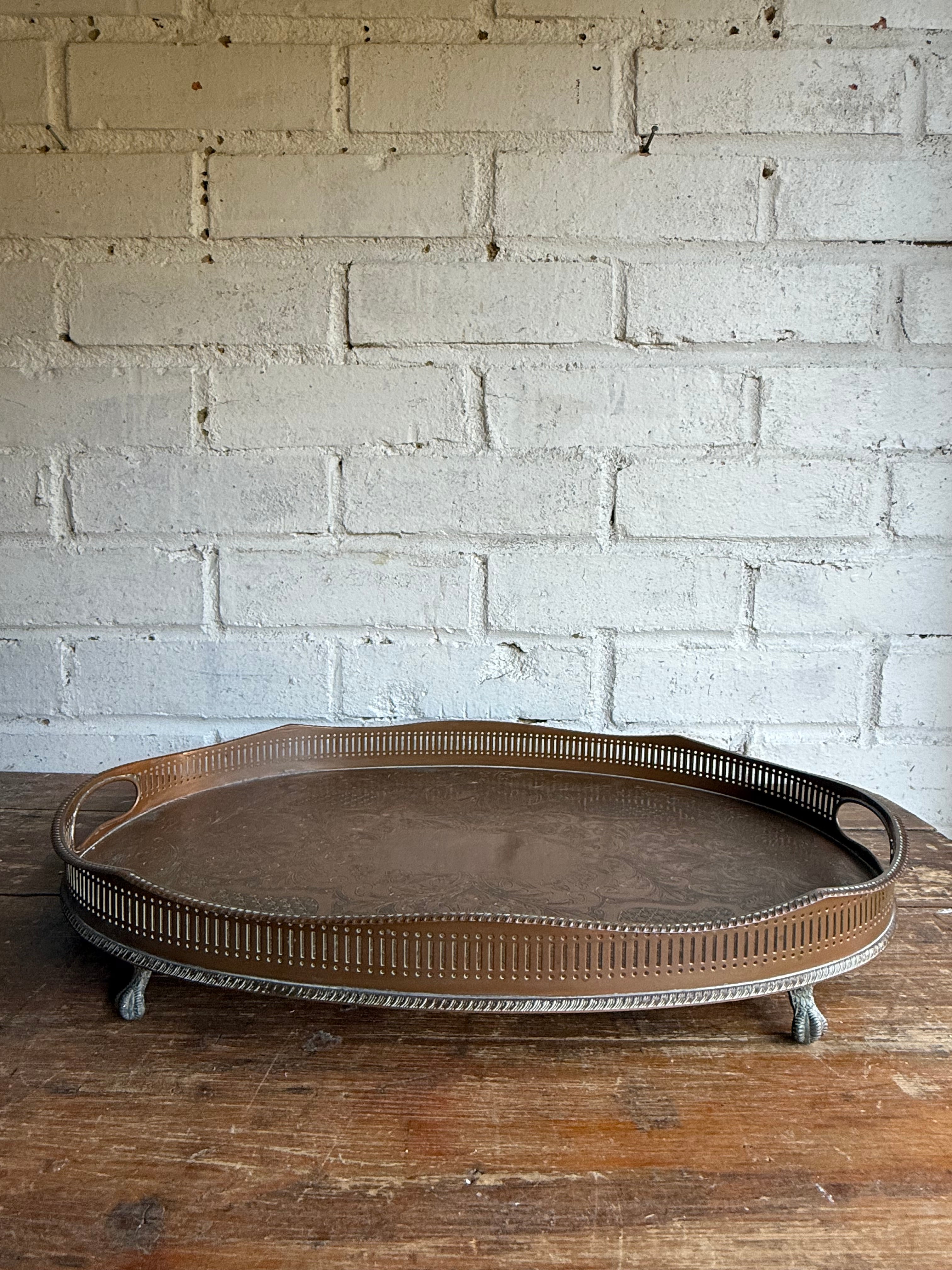 Early 20th Century Engraved Silver Plate on Copper Gallery Tray