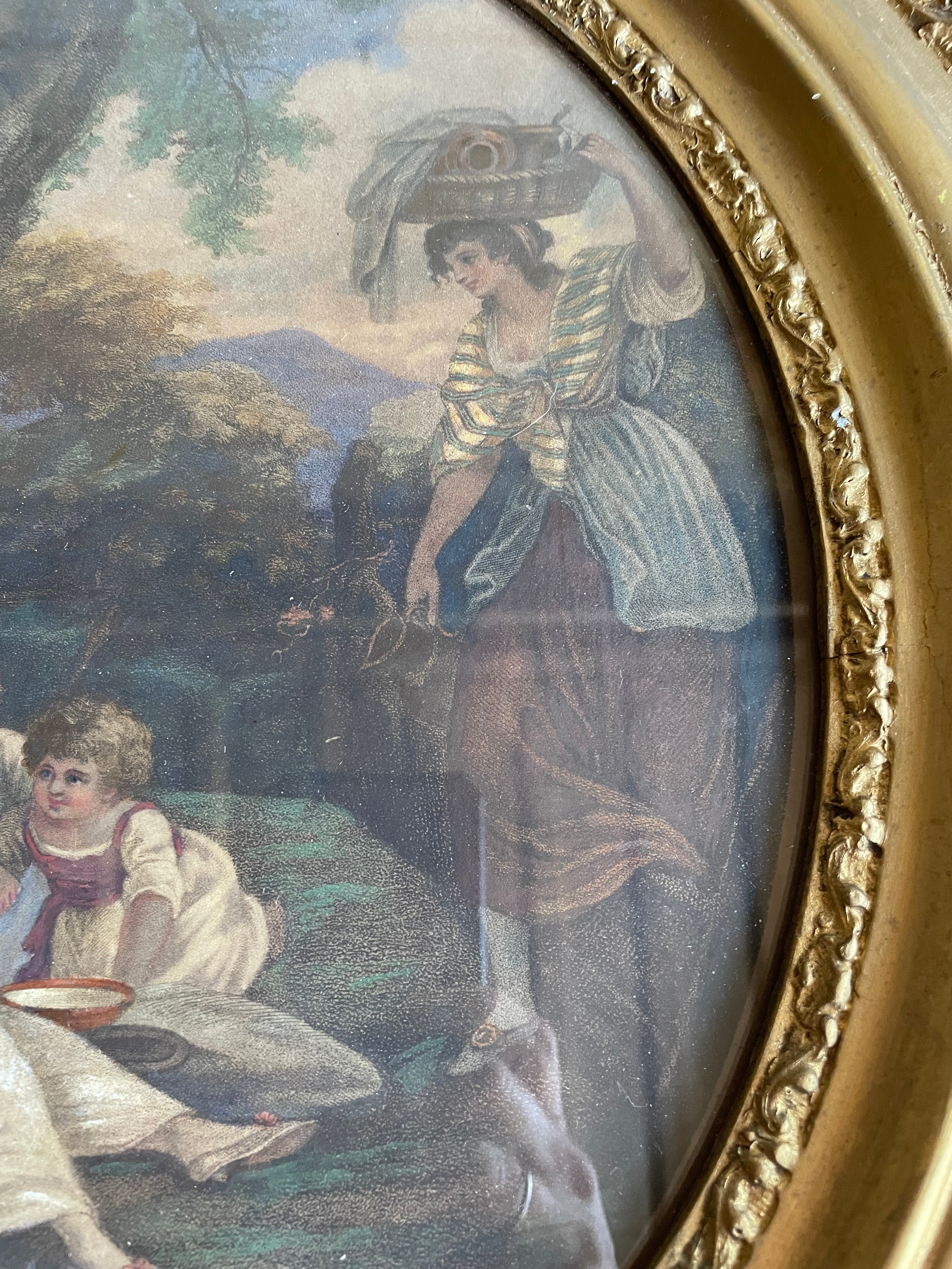 19th Century Framed Lithographic Print with Gilt Frame and Rope Tie:  Pastoral Scene