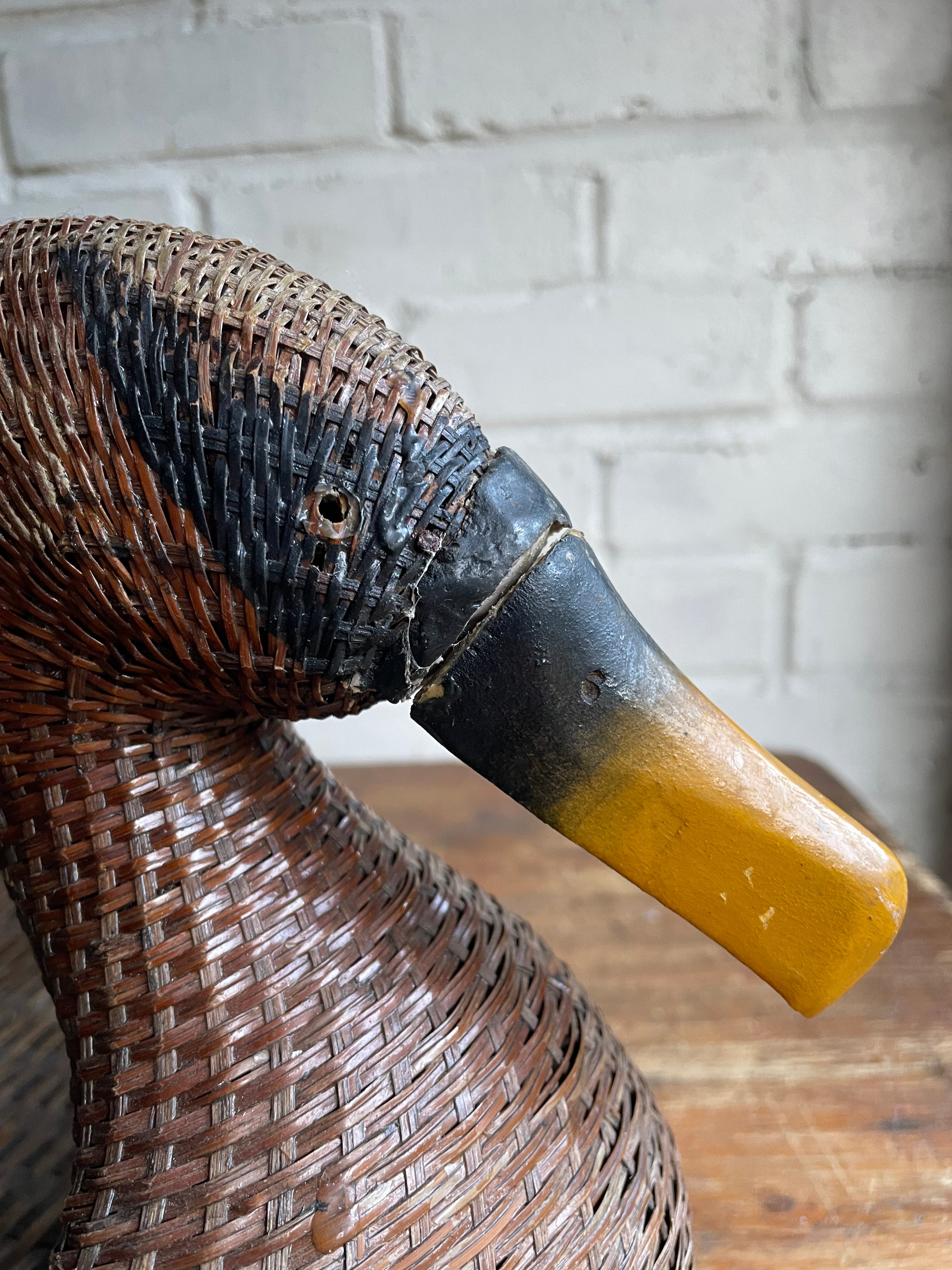 Duck-Shaped Wooden and Rattan Tray