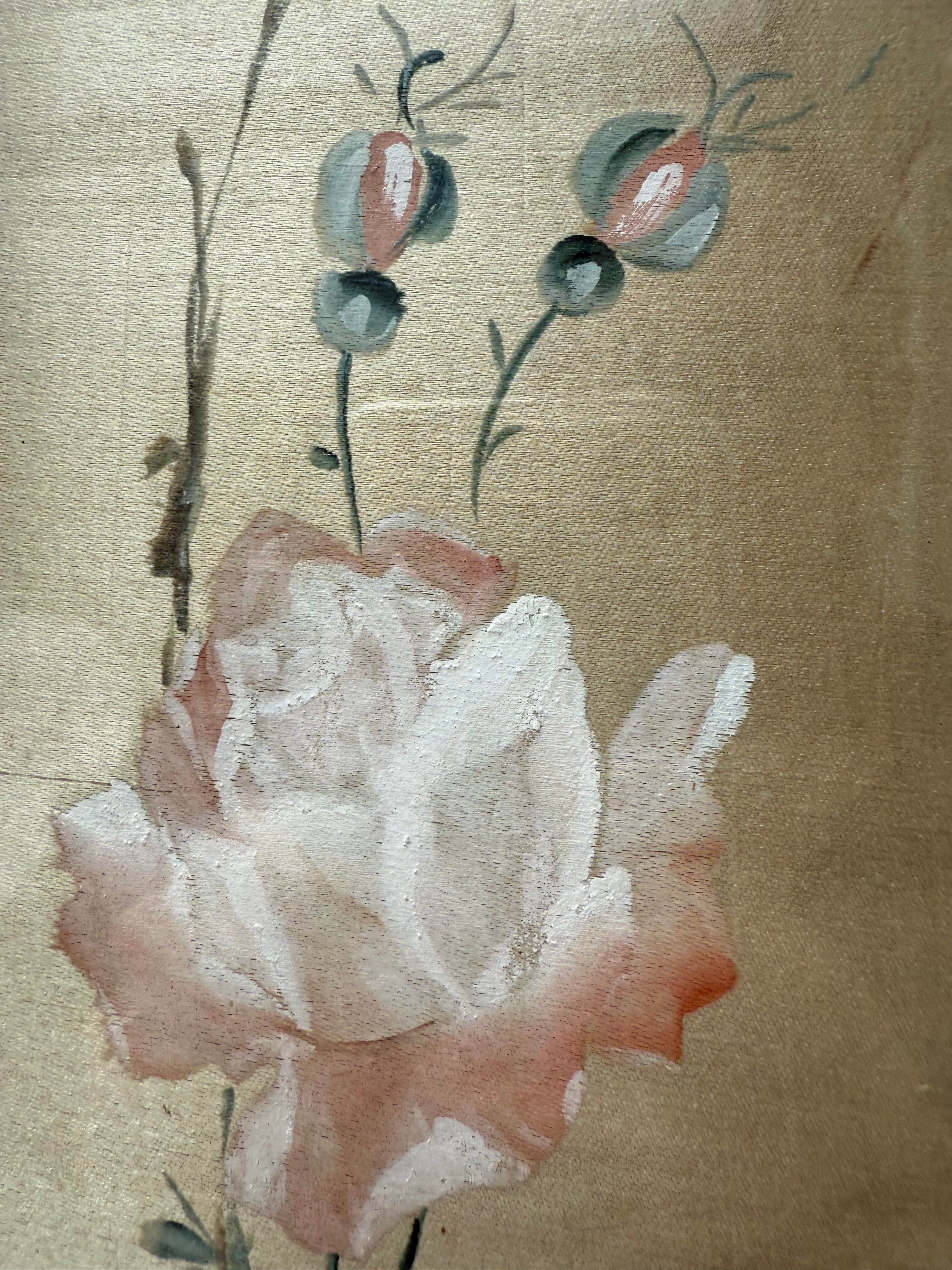 Roses: 19th Century Silk Painting with Gilt Frame
