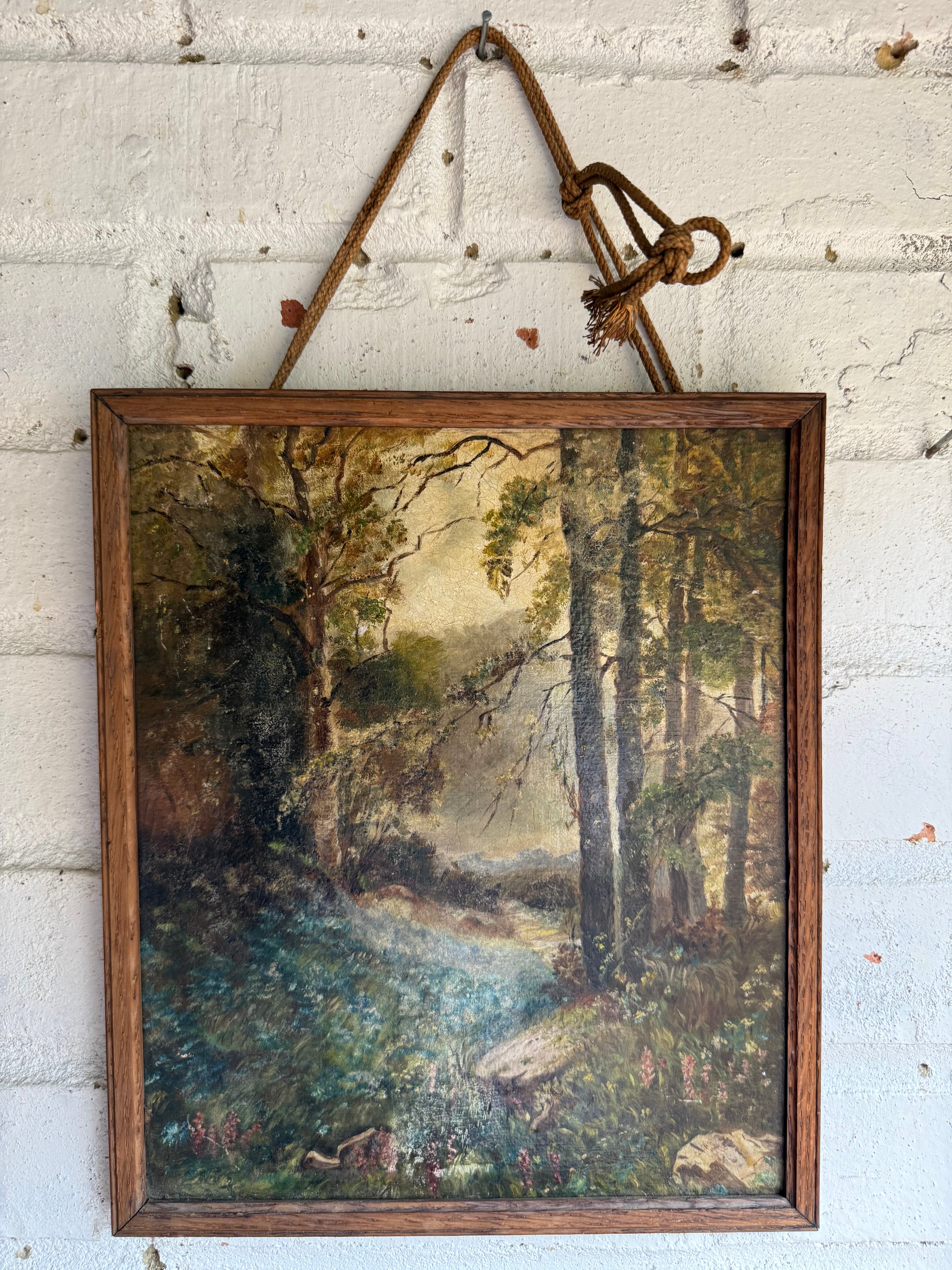 Early 20th Century Oil on Board In Oak Frame: Moody Forest