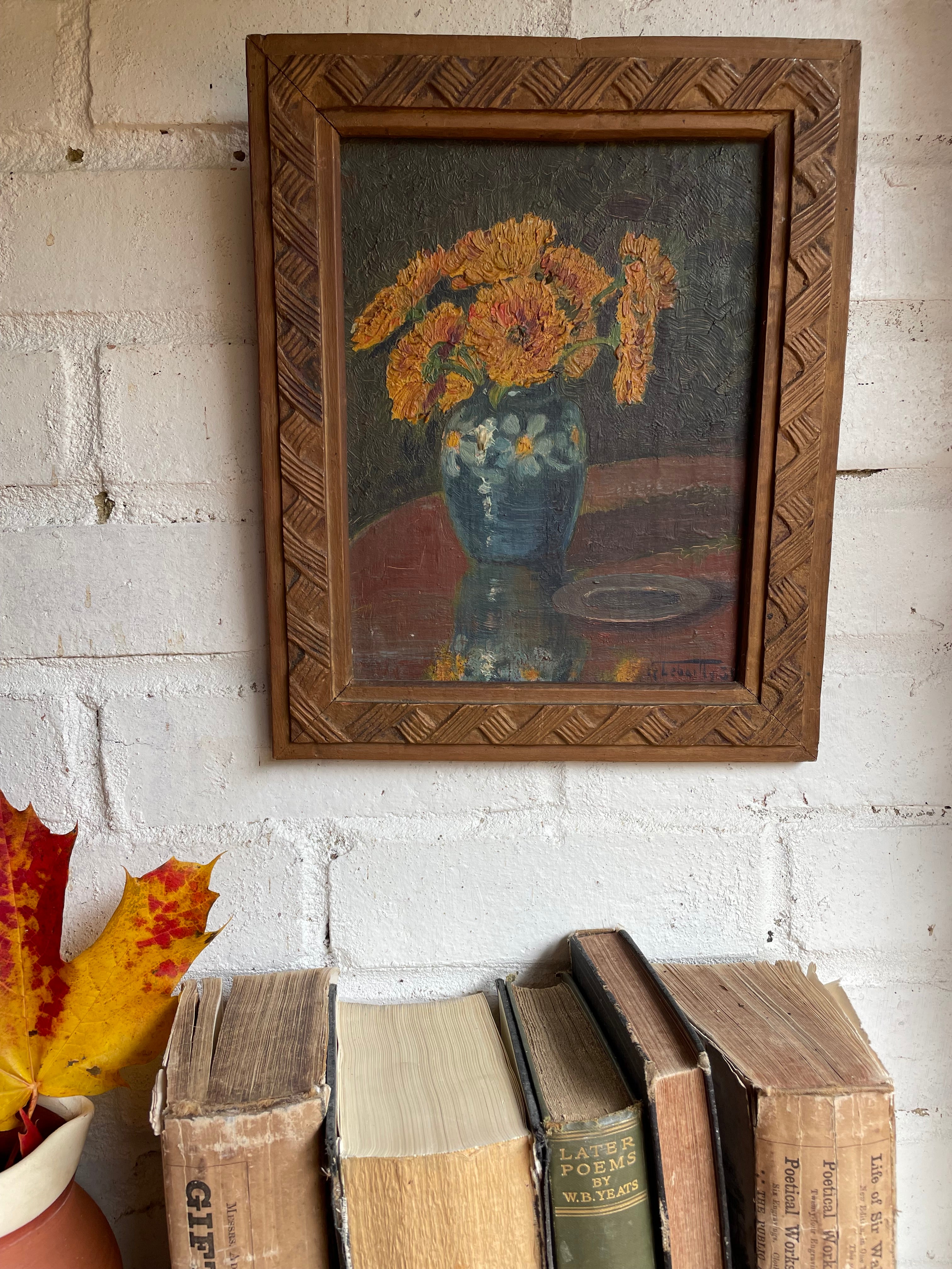 Still Life with Crysanthemums: 1930s French Oil on Board with Original Carved Wooden Frame