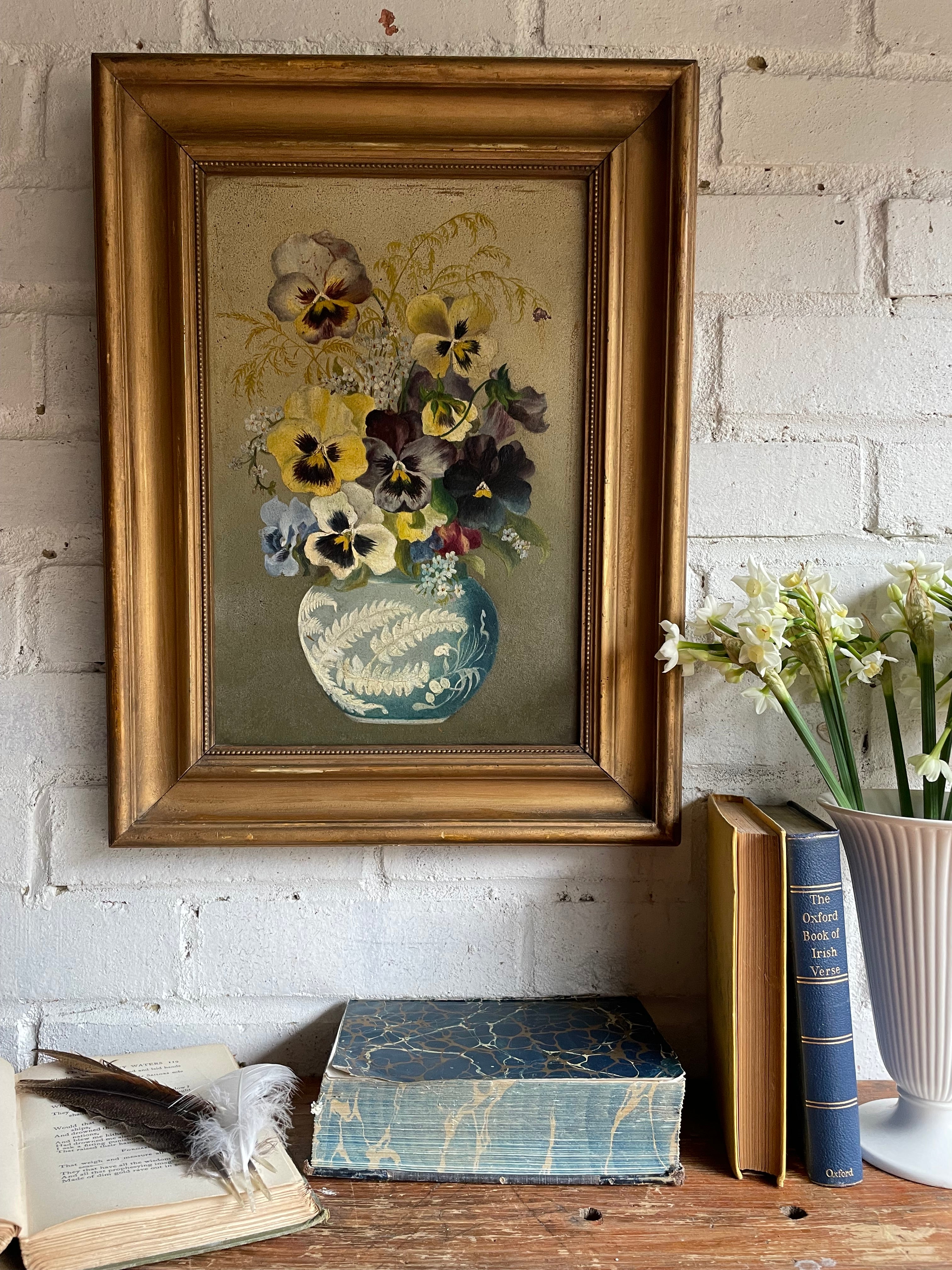 Floral Still Life of Pansies: Antique Oil on Board