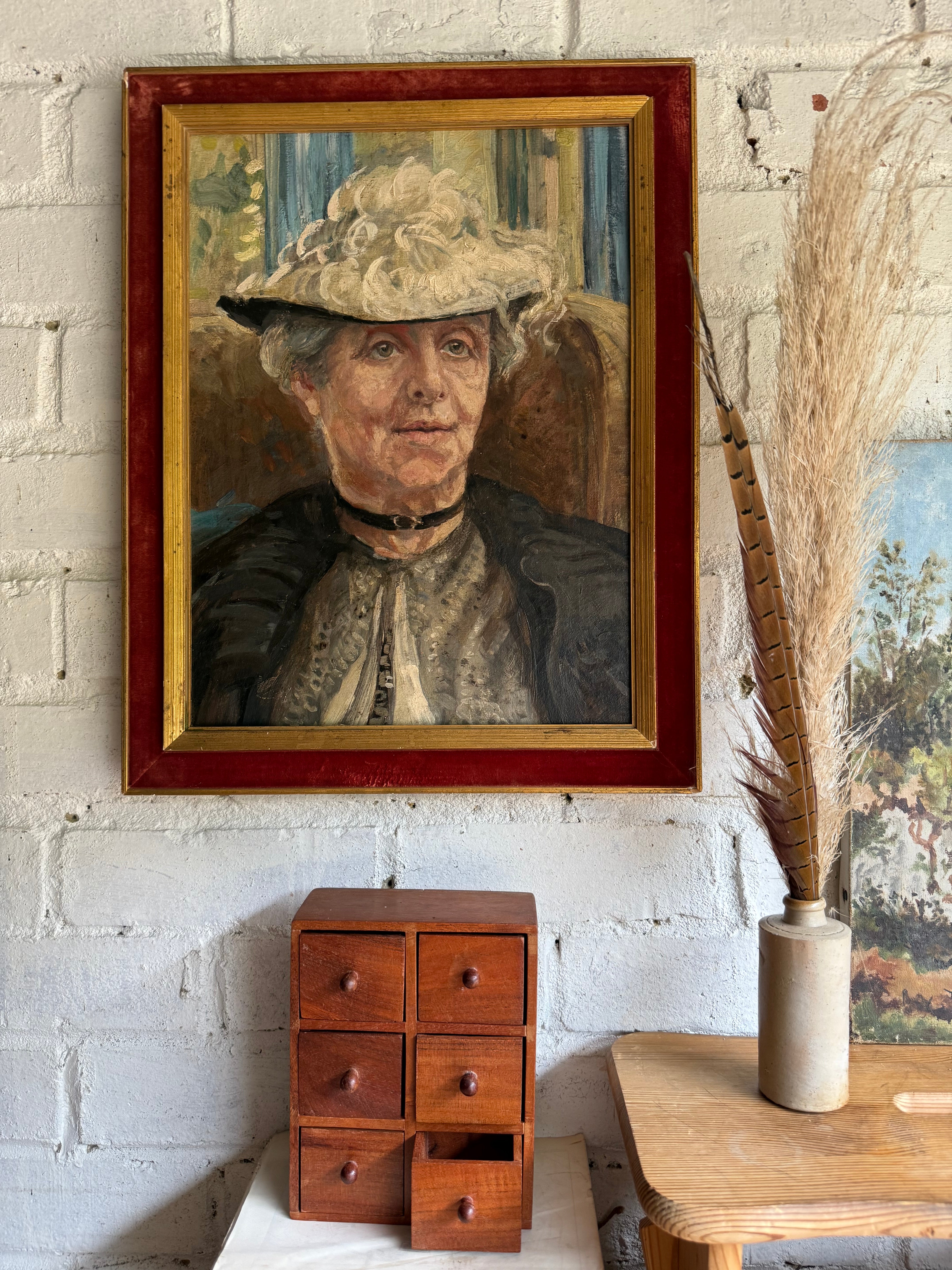 The Lace Hat: Early 20th Century Oil on Canvas with Red Velvet Frame
