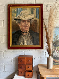 The Lace Hat: Early 20th Century Oil on Canvas with Red Velvet Frame