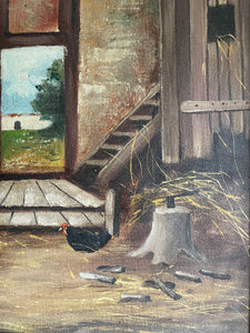 Chickens in a Barn: Vintage Oil on Printed Canvas with Gesso Frame