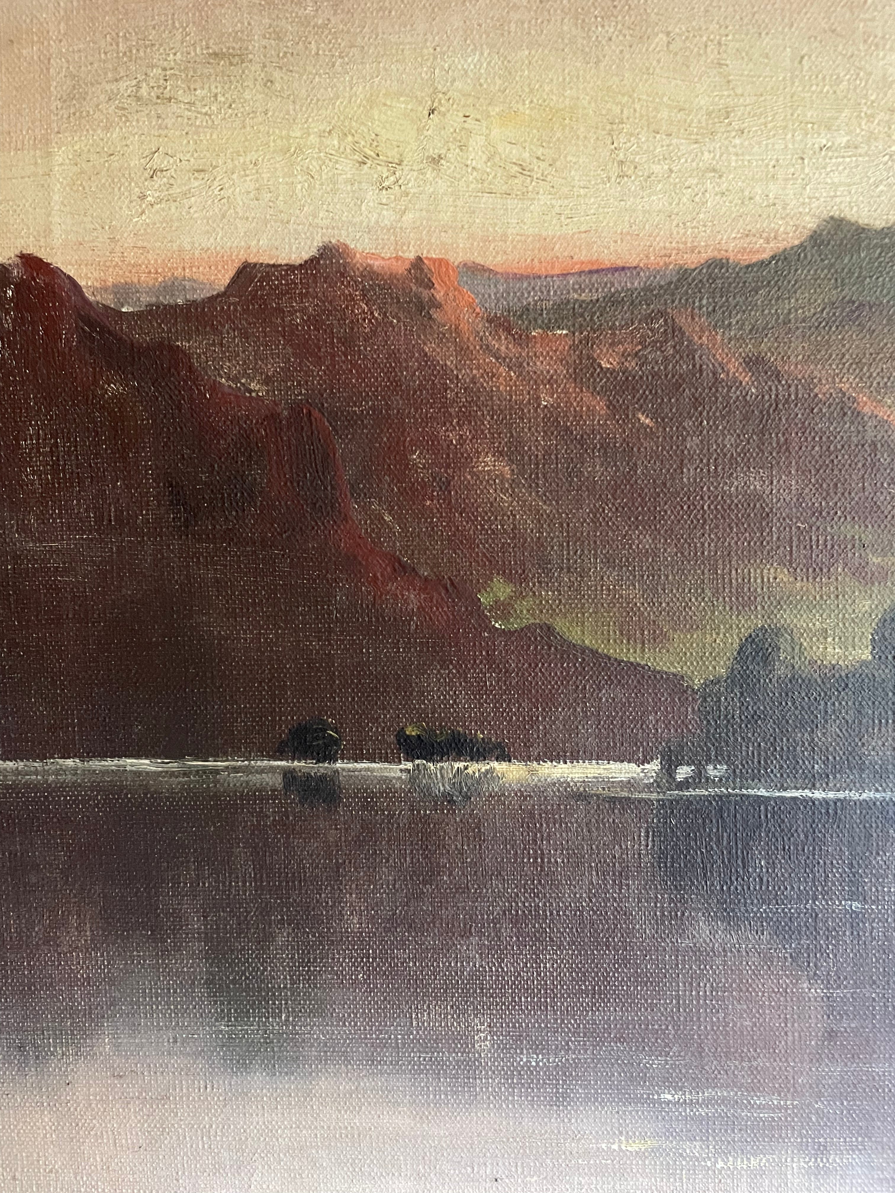 Large Signed 1918 Scottish Landscape Oil on Canvas : “Mountains, Cattle & Lake”