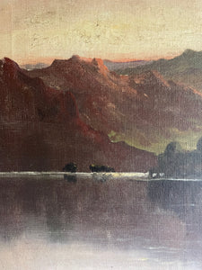 Large Signed 1918 Scottish Landscape Oil on Canvas : “Mountains, Cattle & Lake”