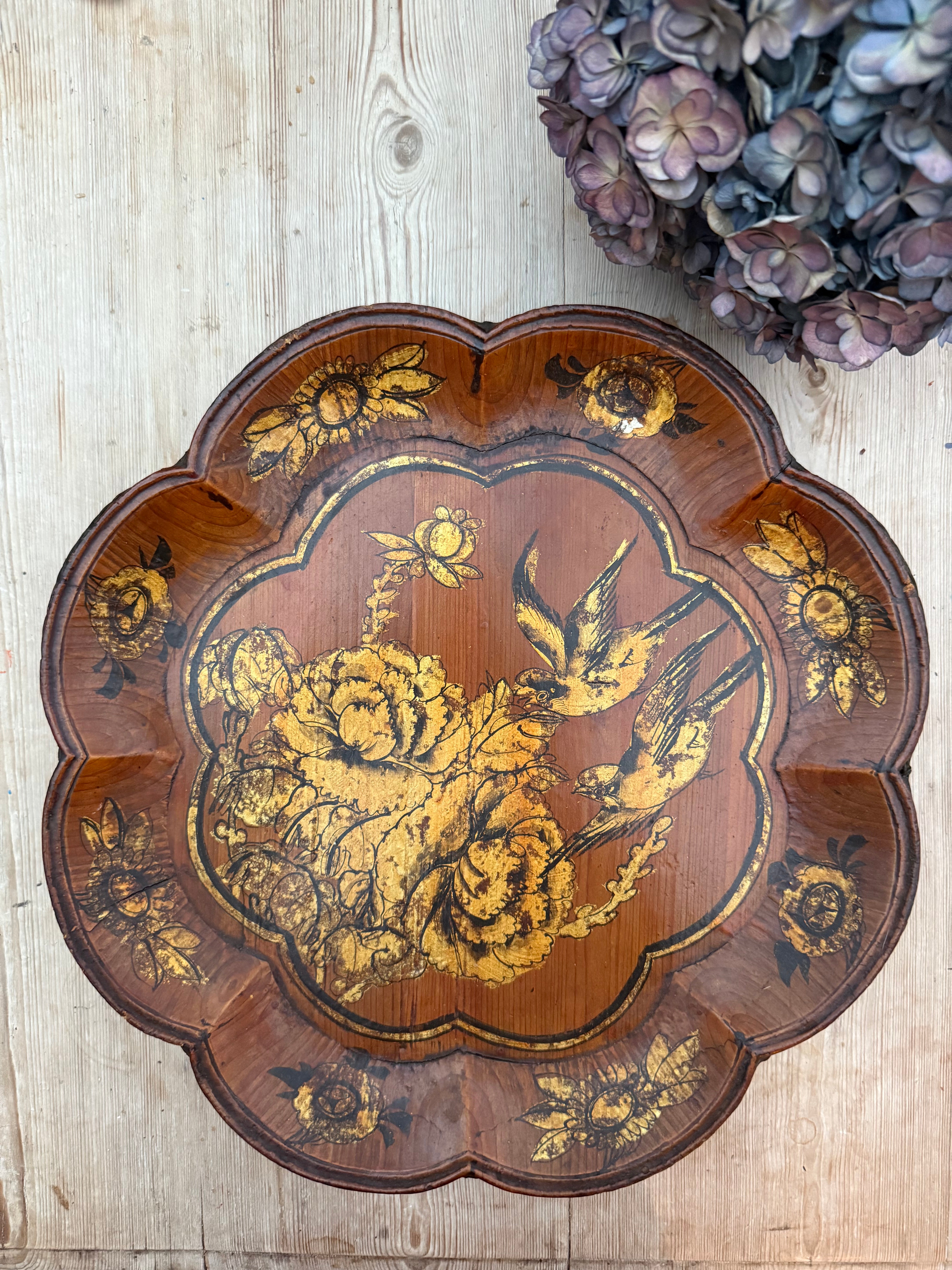Circa 1890s: Handpainted Gold Leaf Chinese Scalloped Tray With Birds & Flowers