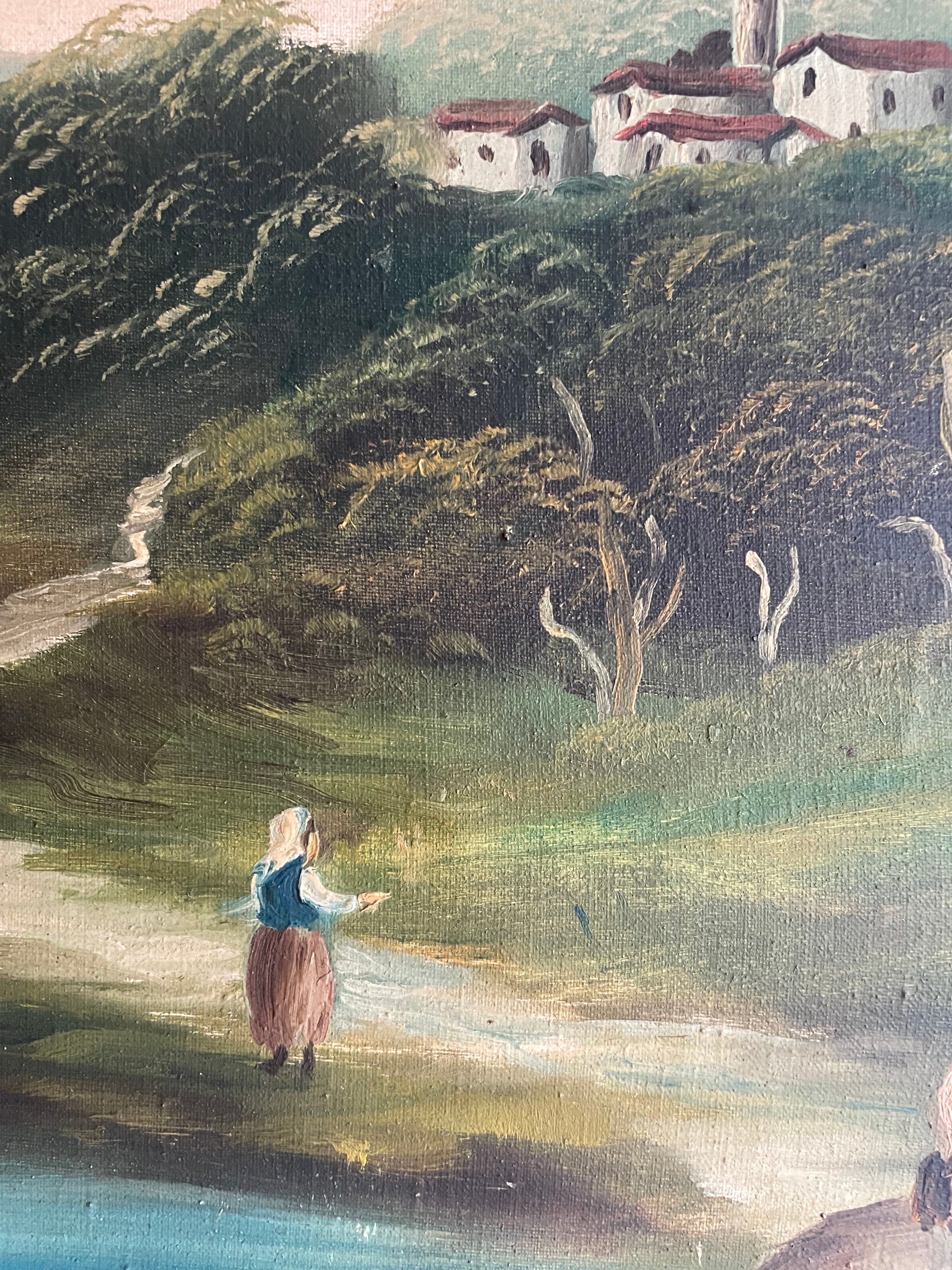 Turquoise Stream: Antique Oil on Canvas with Dappled Frame