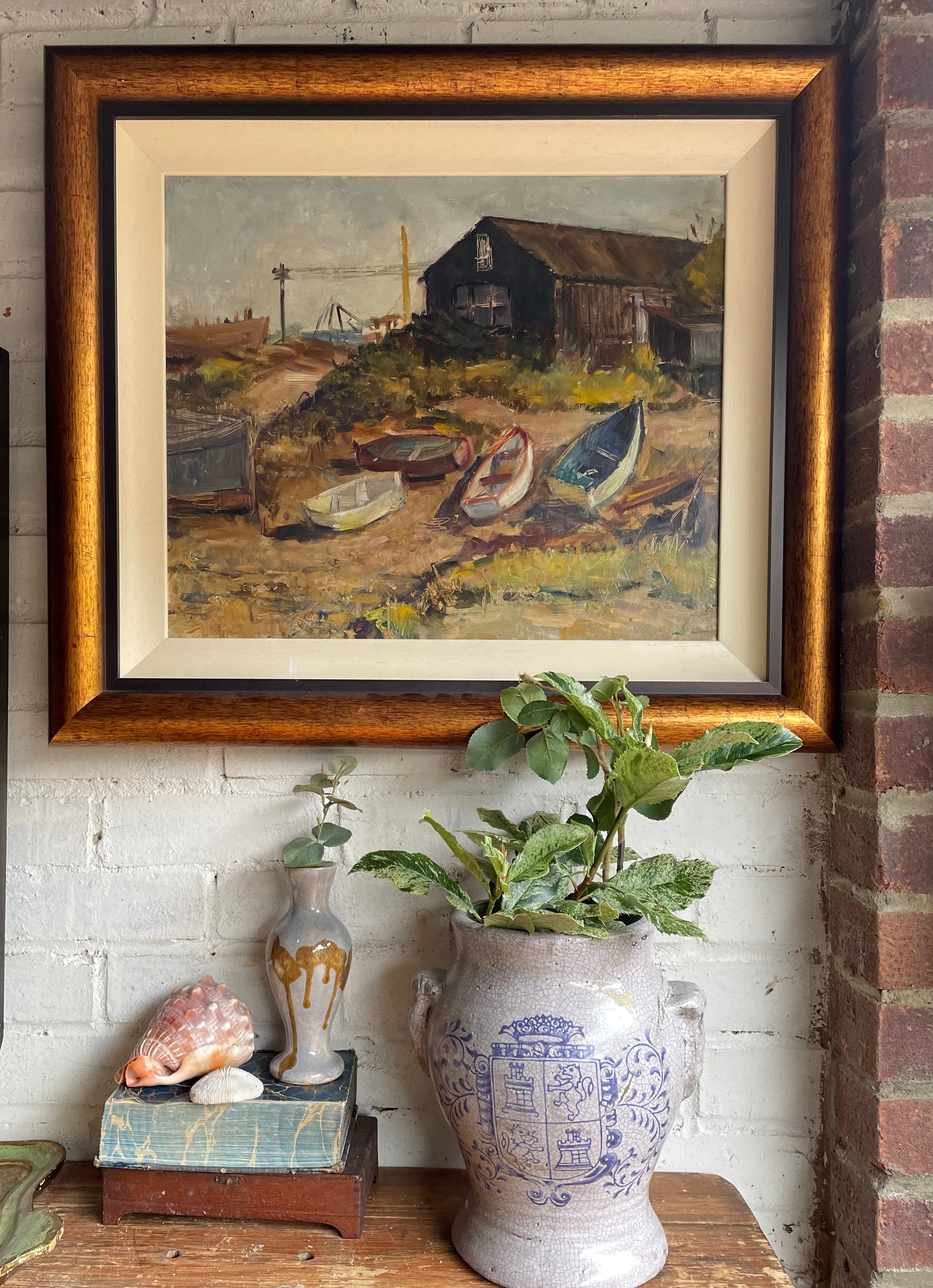 Fishing Boats: Large Midcentury Oil Painting