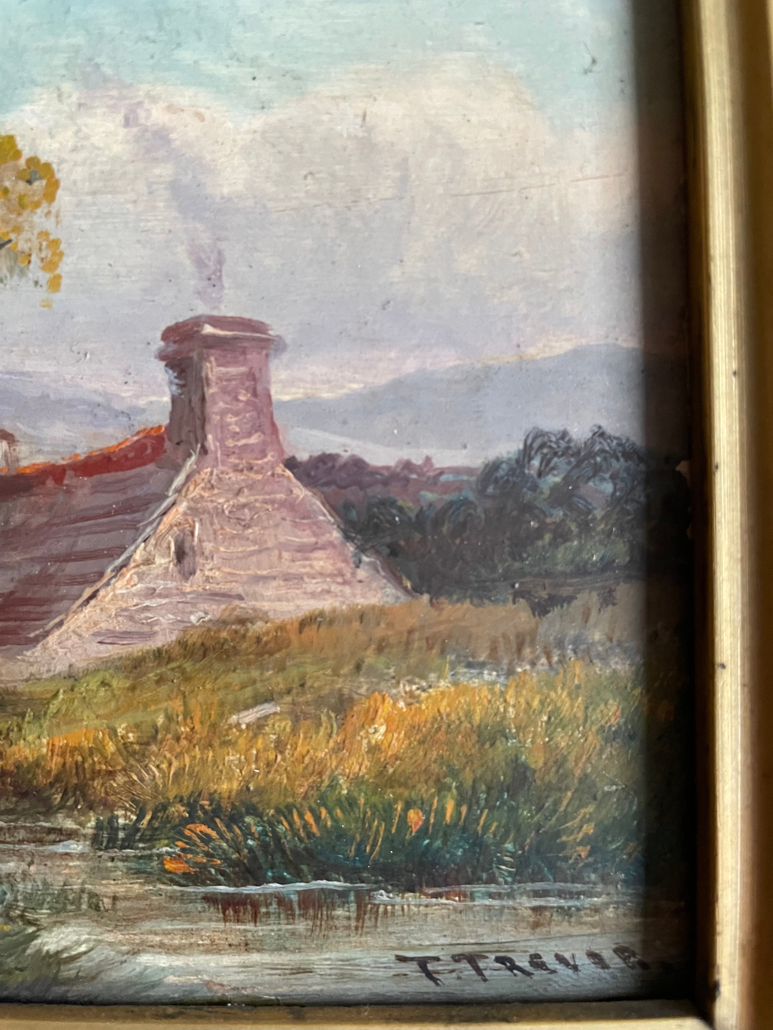 Rural Landscape with Cows Grazing: 19th Century Signed Oil on Wood with Gilt Frame