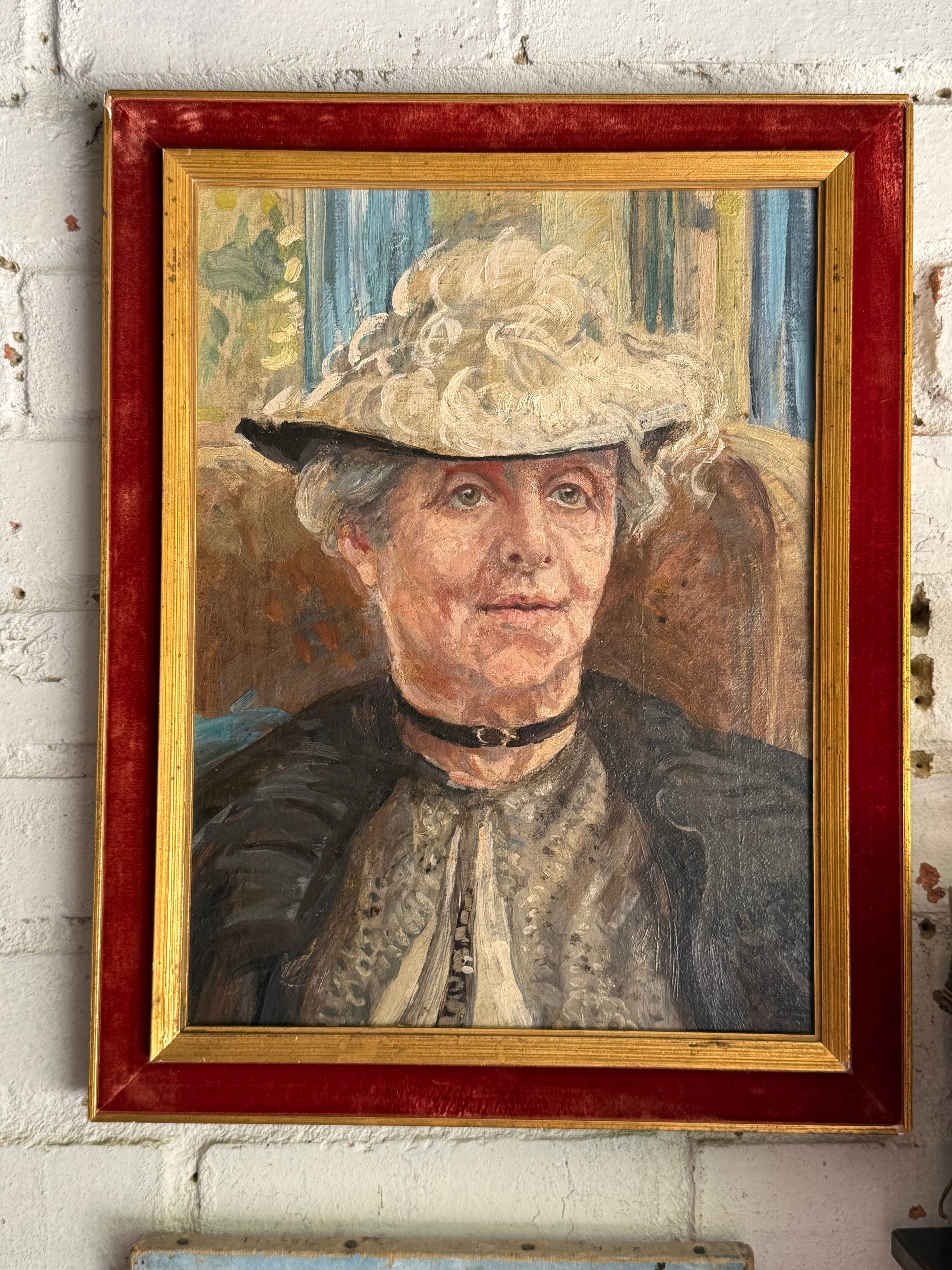 The Lace Hat: Early 20th Century Oil on Canvas with Red Velvet Frame