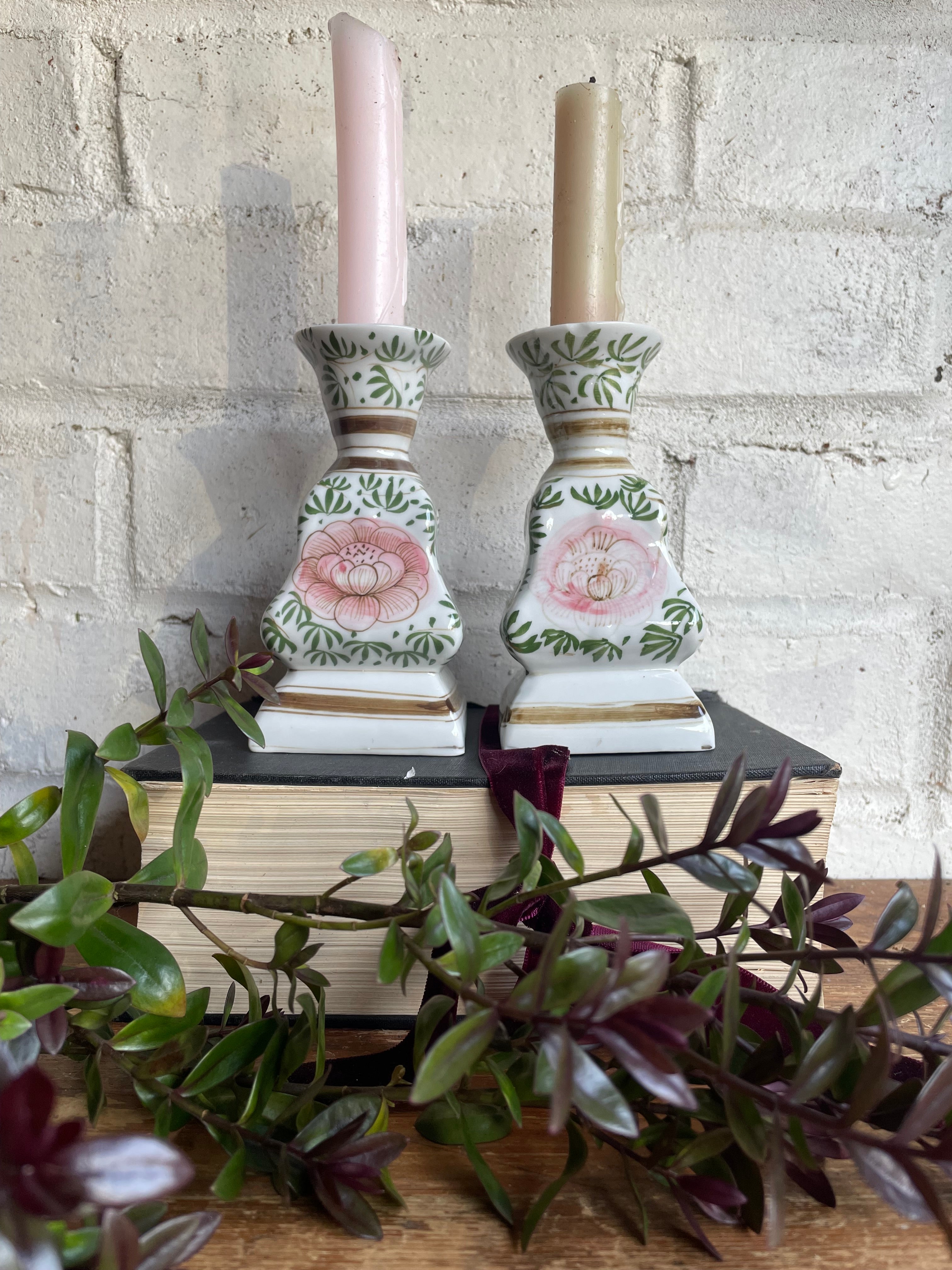 Pair of Hand-Painted Porcelain Candlesticks