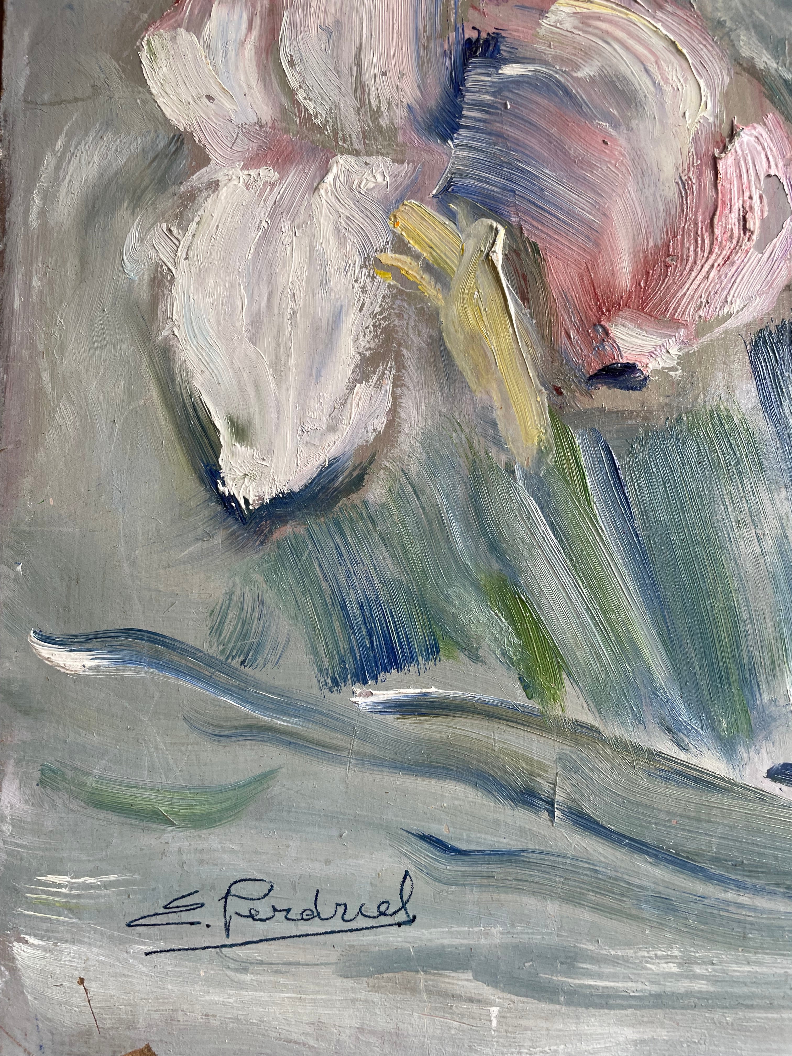 Irises: Vintage Oil on Wood Board