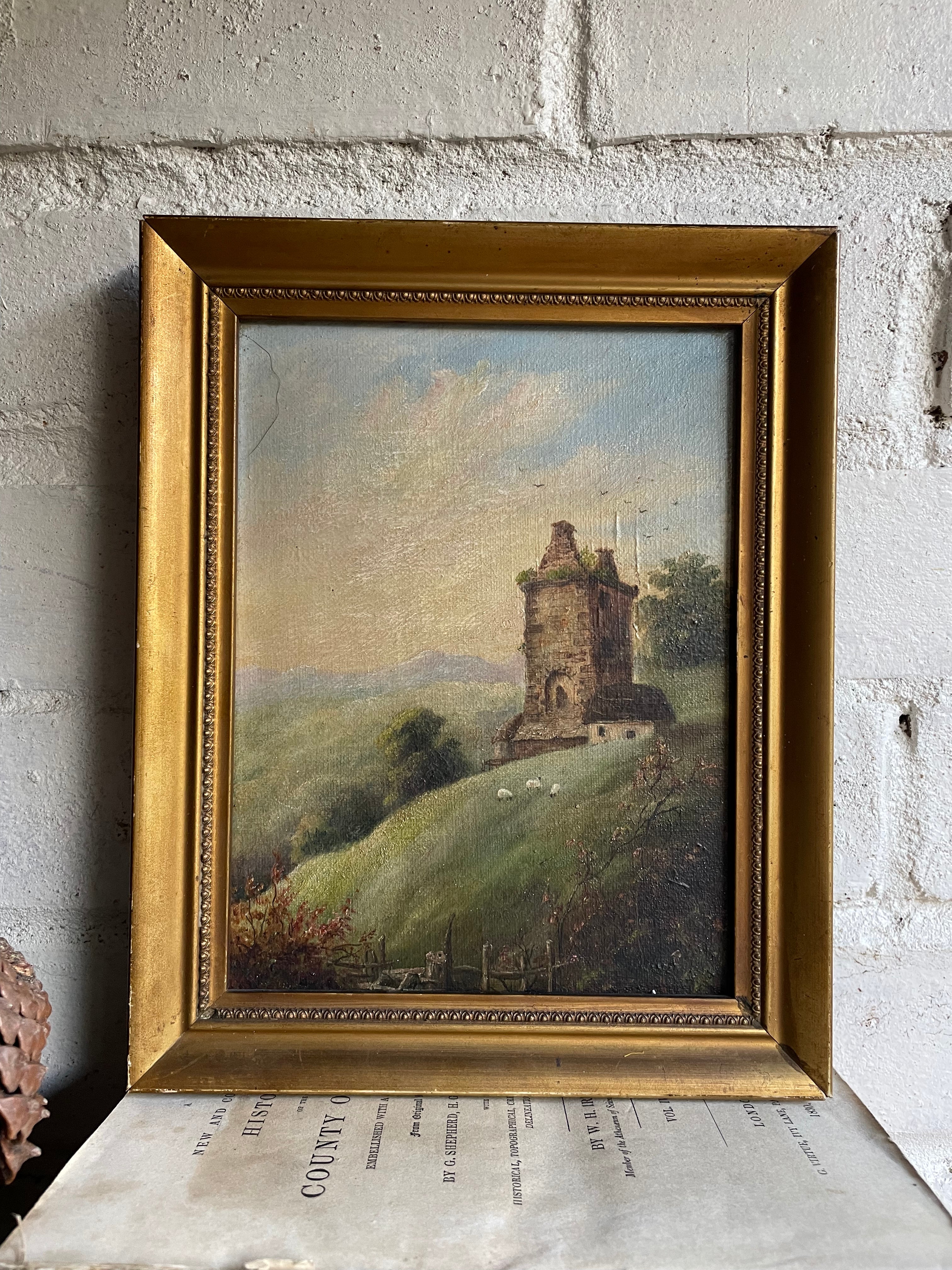 Sheep on a Hill : Small 19th Century Oil on Canvas