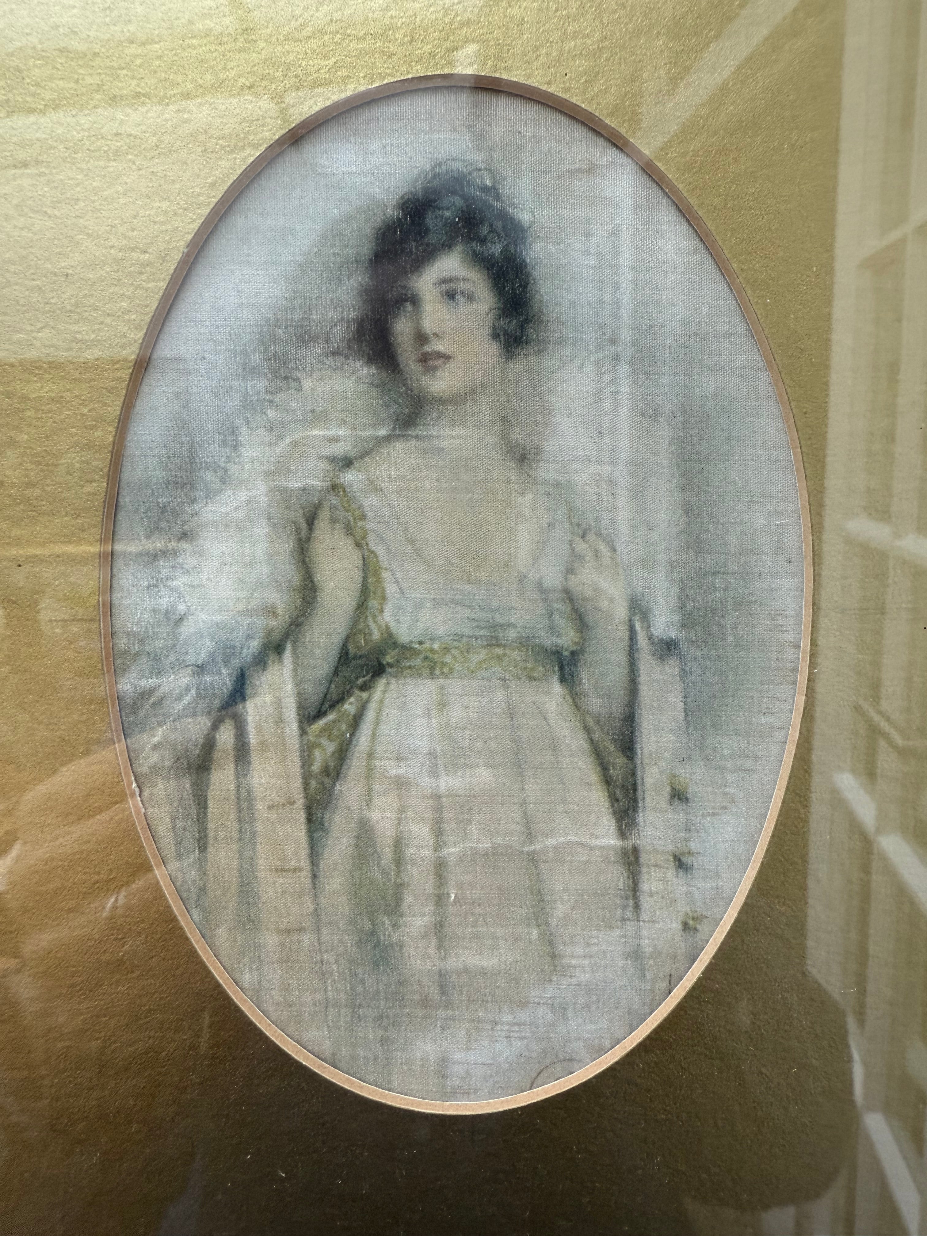 Circa 1910: Portrait Painting of a Lady on Silk with Gilt Metal & Oak Frame