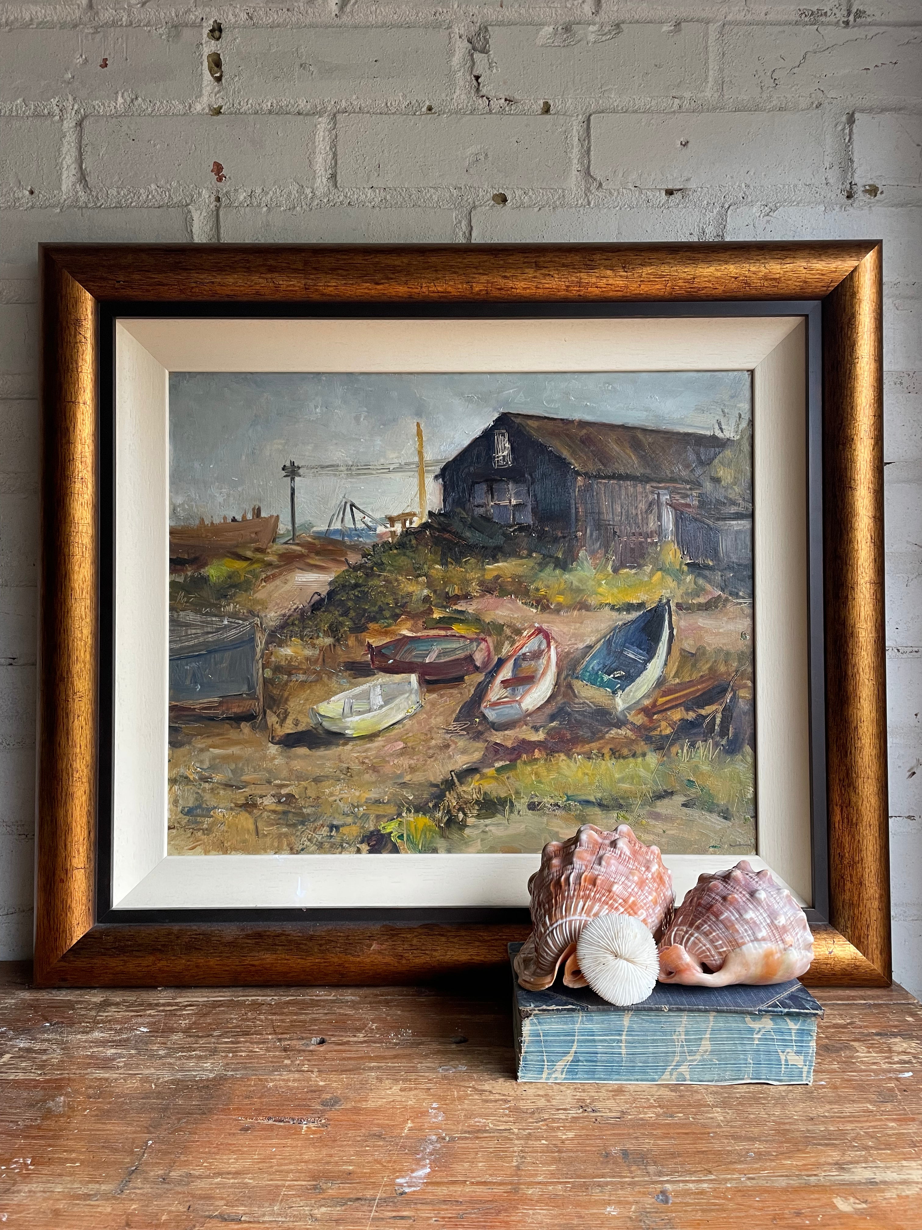 Fishing Boats: Large Midcentury Oil Painting