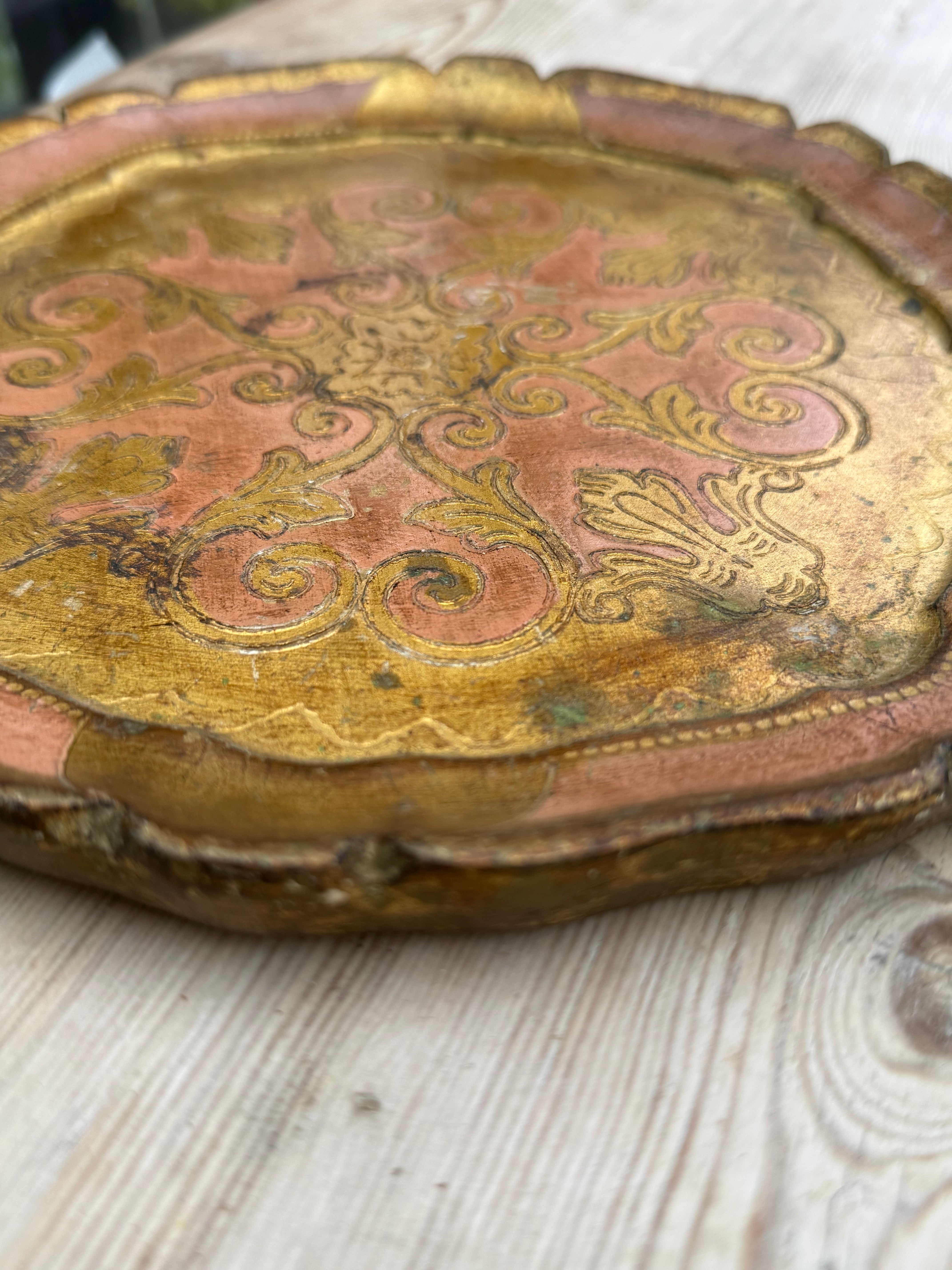 Small Pink Florentine Vintage Wood Gilt Tray