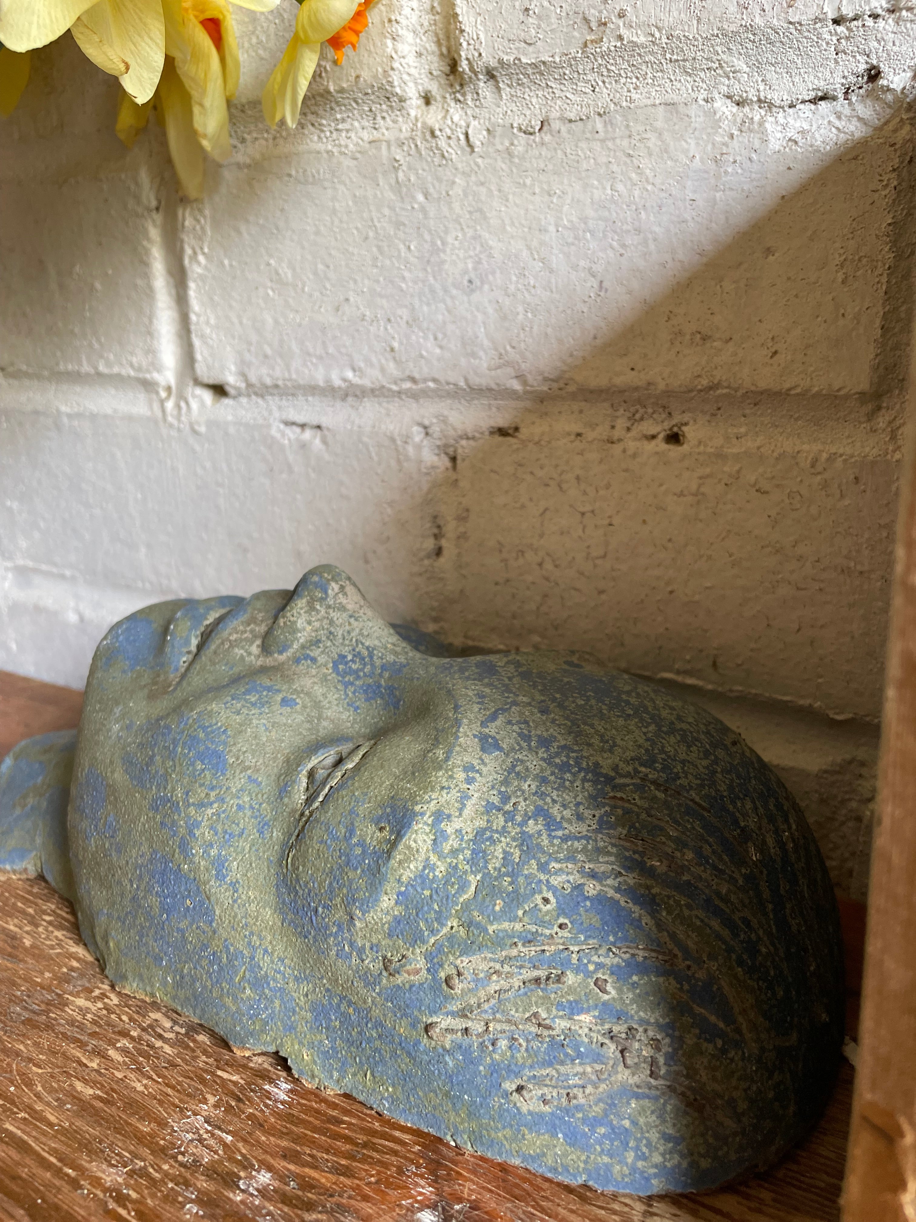 Decorative Sculptural Clay Face in Blue Hues