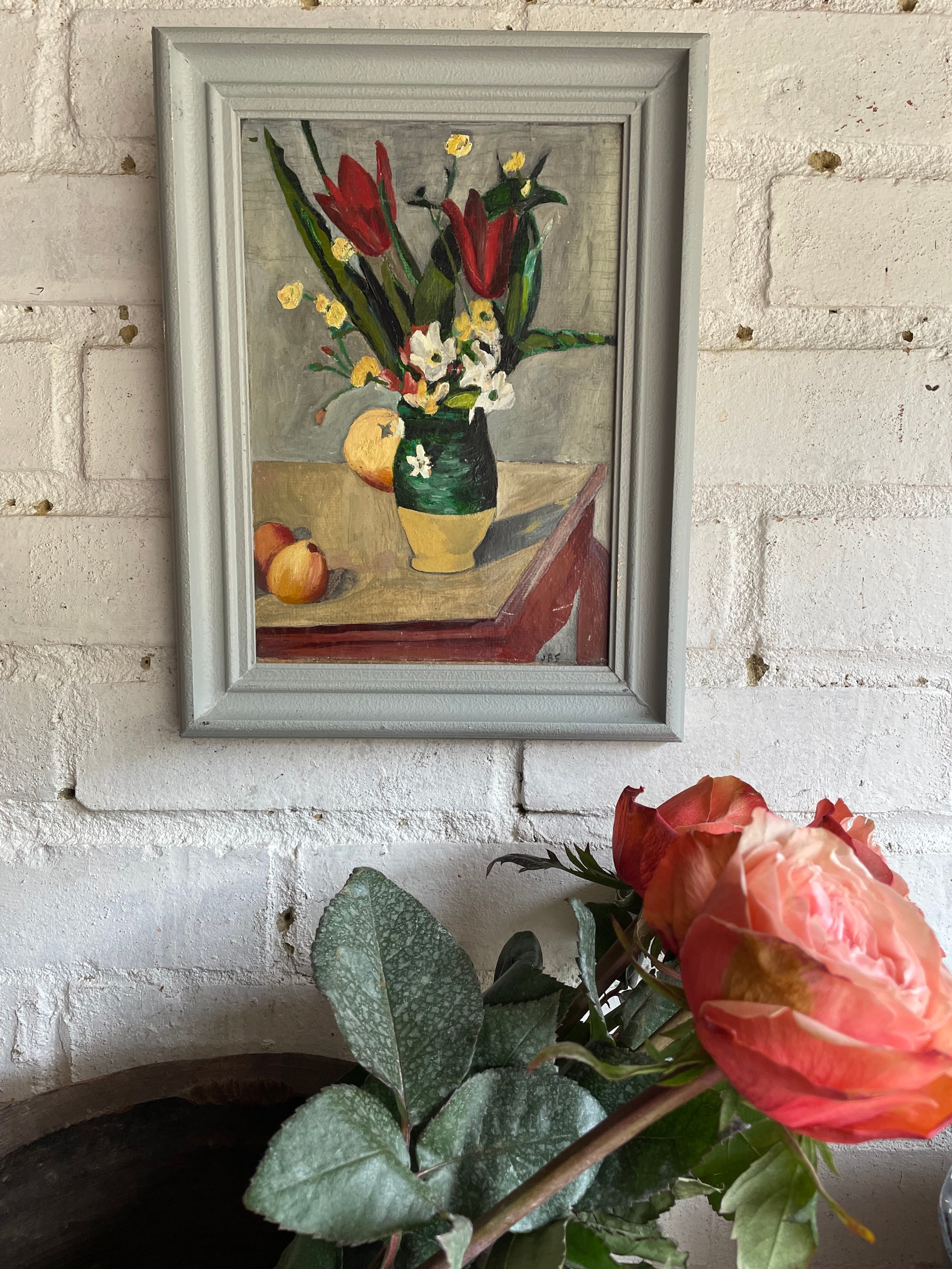 Study of Cézanne’s  “Still Life, Tulips & Apples” Post Impressionist Style Oil Painting