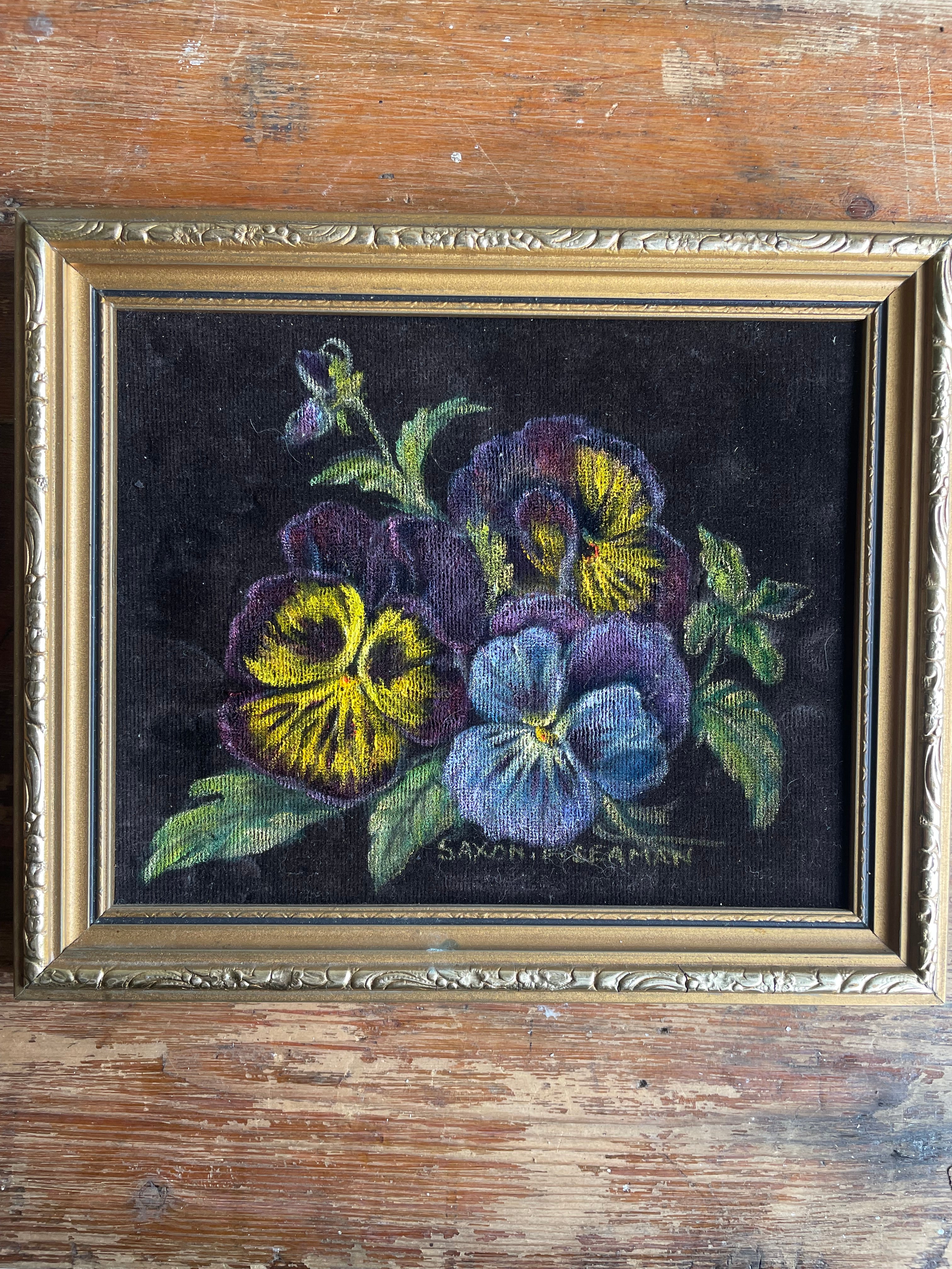 Pansies: Small Oil Painting on Velvet
