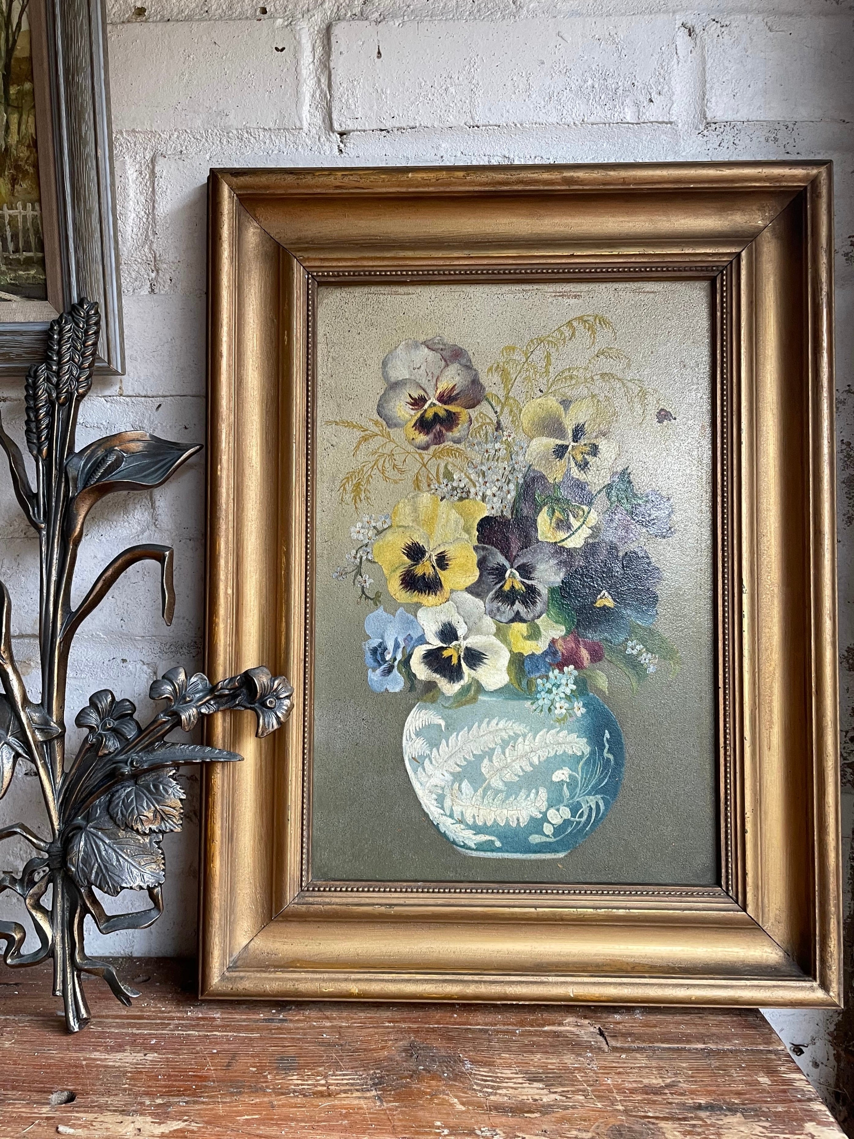 Floral Still Life of Pansies: Antique Oil on Board