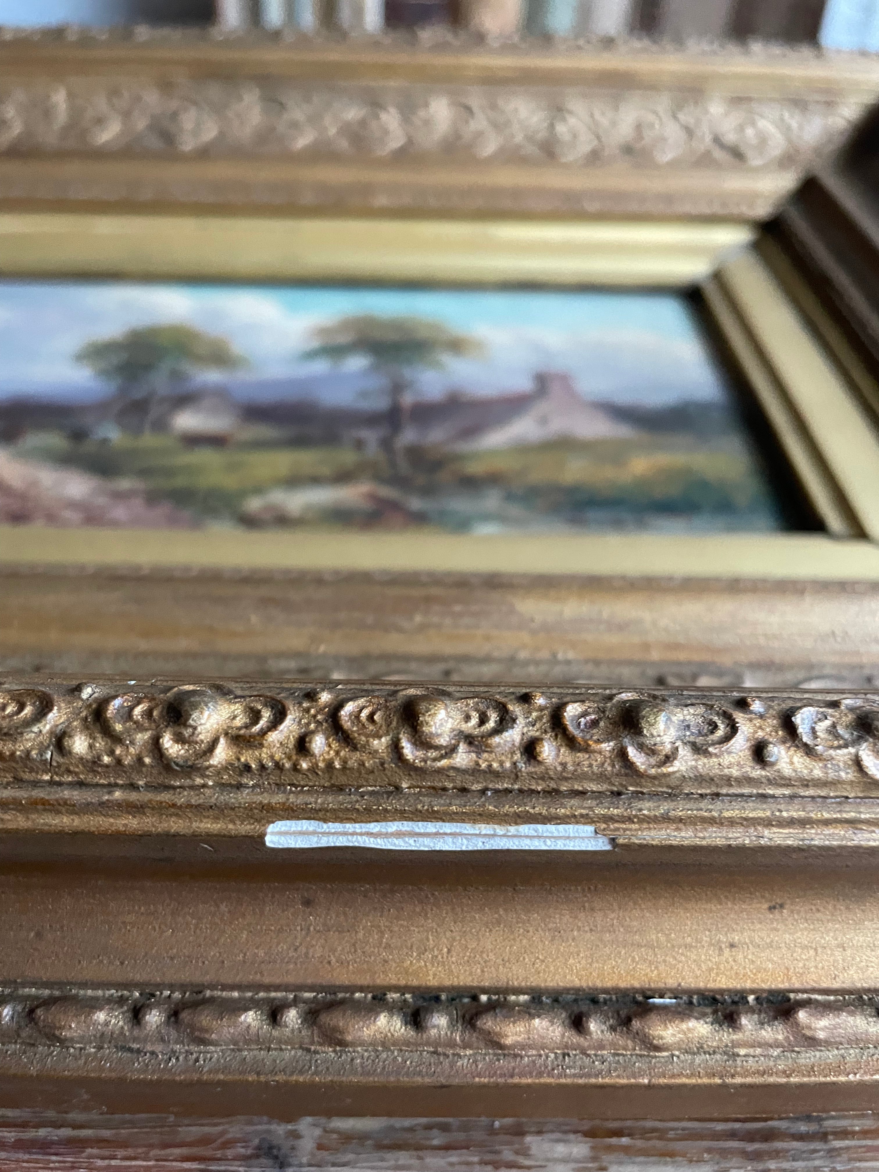 Rural Landscape with Cows Grazing: 19th Century Signed Oil on Wood with Gilt Frame