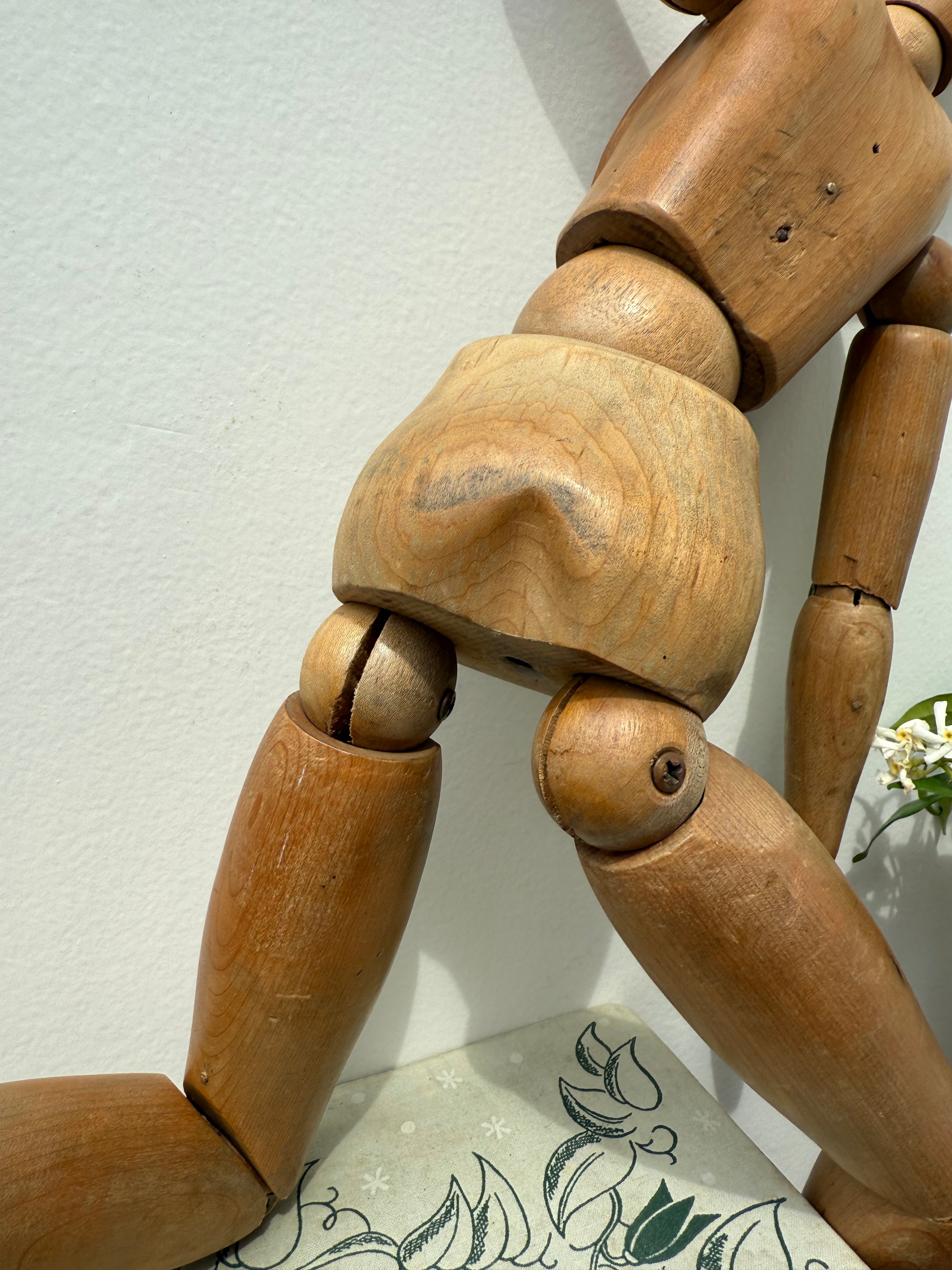 Early-Mid 20th Century French Wooden Oversized Articulated Artists Mannequin with Stand