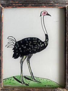 Mini Indian Reverse Glass Painting with Vintage Frame: Ostrich