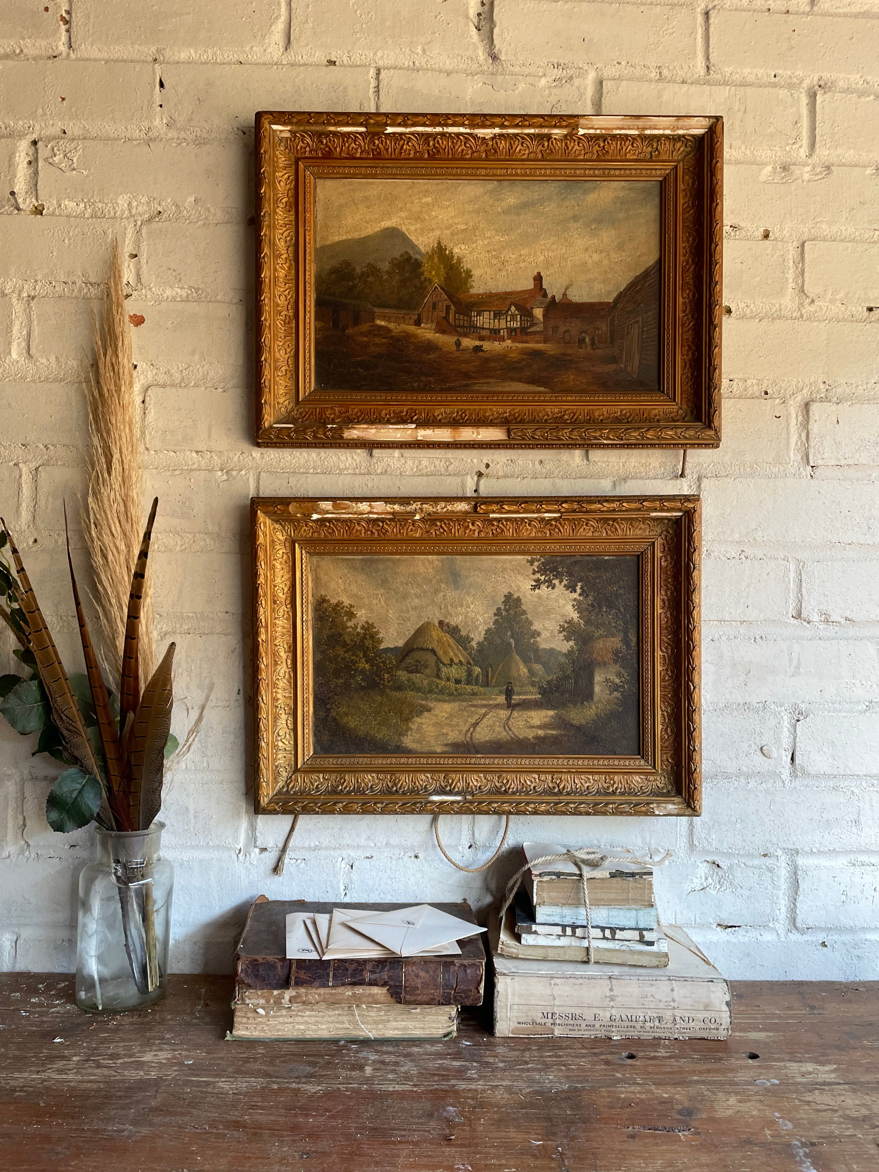 Thatched Cottages: 19th Century Oil on Board