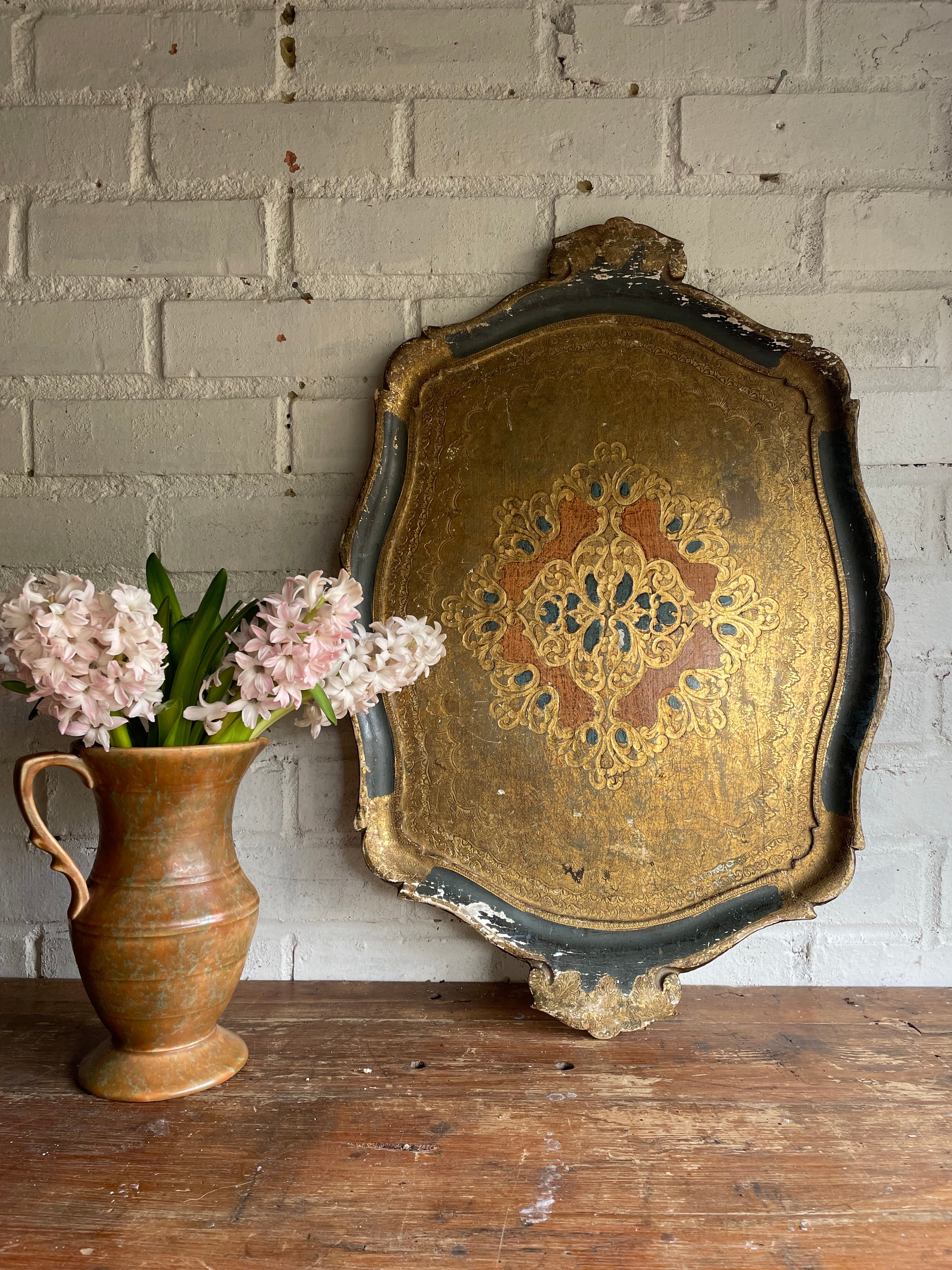 Large Florentine Tray in Gold, Blue and Coral