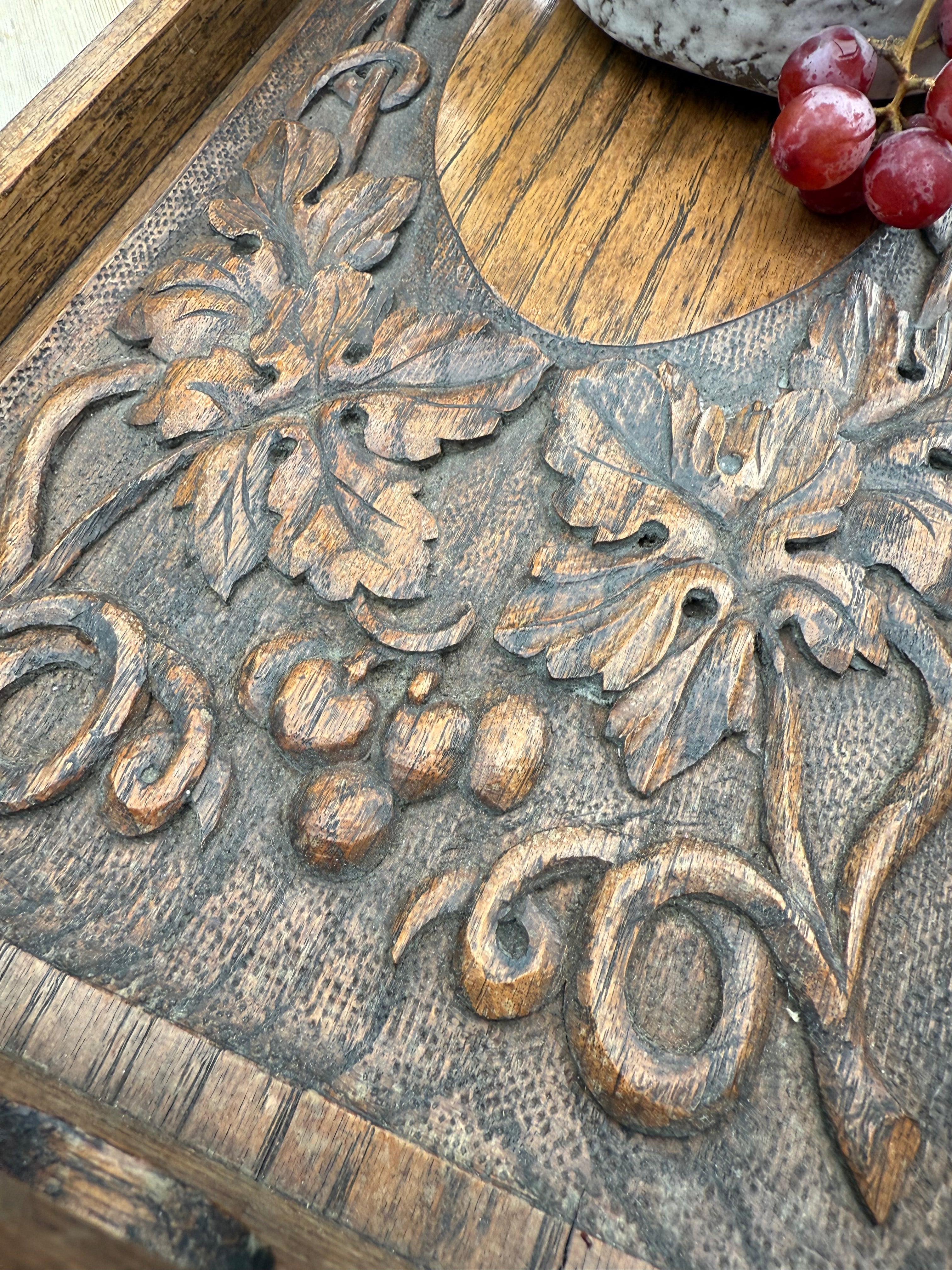 Late 19th Century Arts & Crafts Carved Oak Tray depicting Grapevines