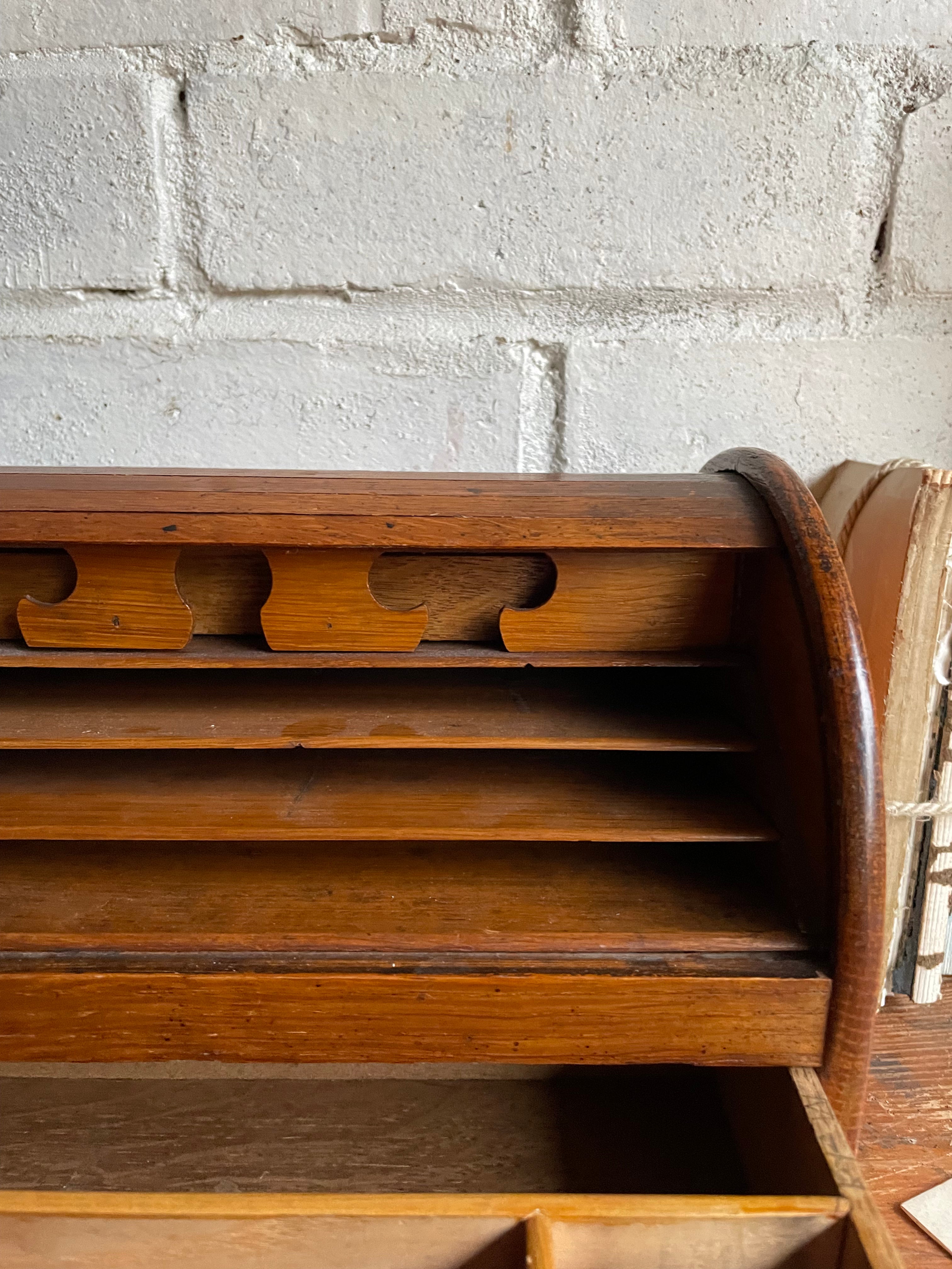 19th Century Oak Tambour Roll Top Stationary Cabinet