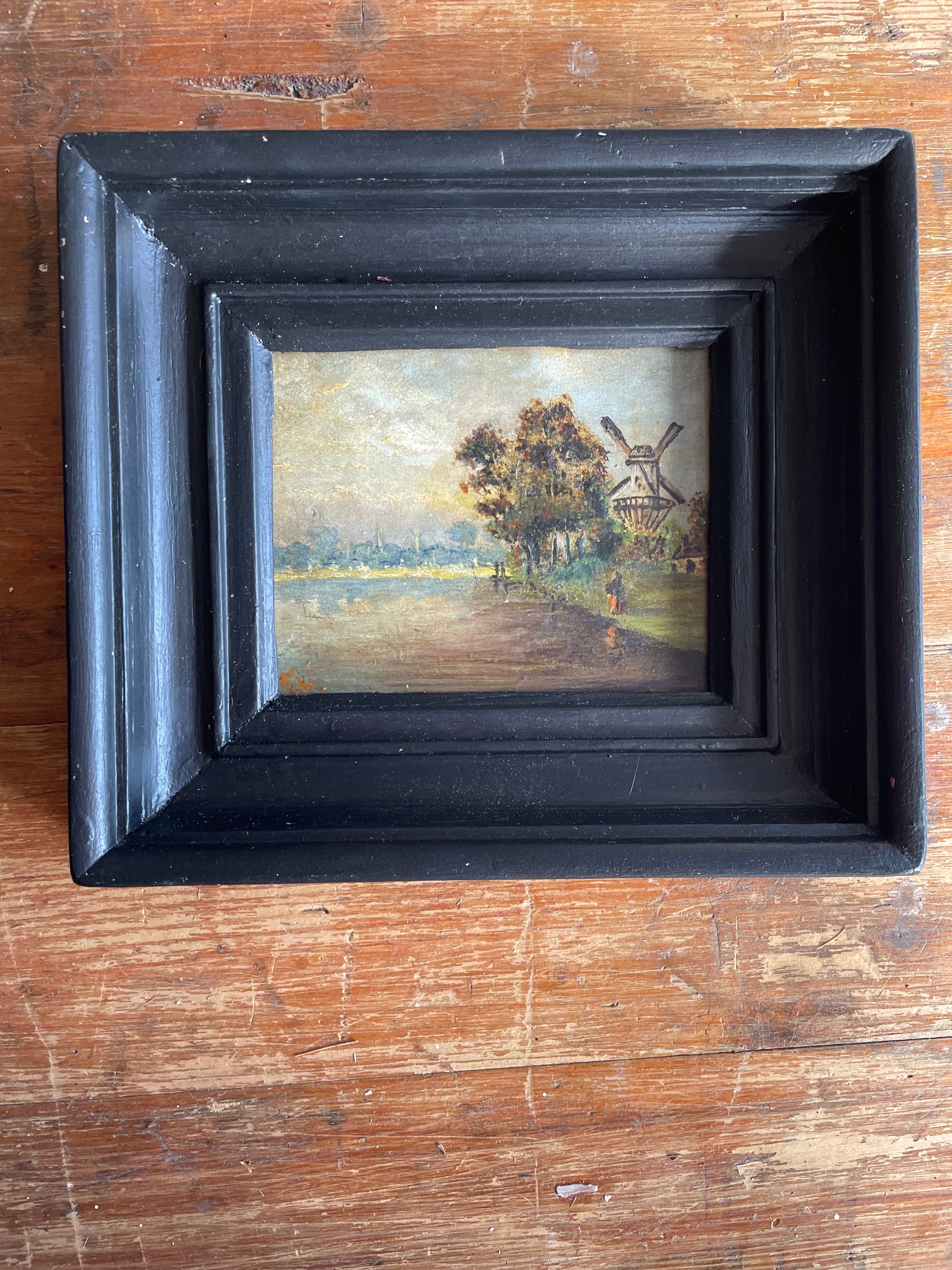 Small 19th Century Oil Painting on Wood with Windmill