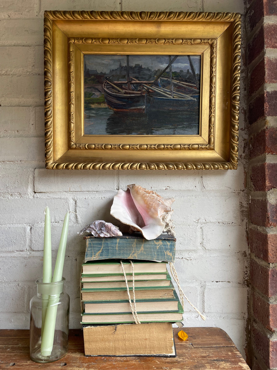Fishing Boats: Antique Oil on Board with Original Gilt Frame – Reclectic