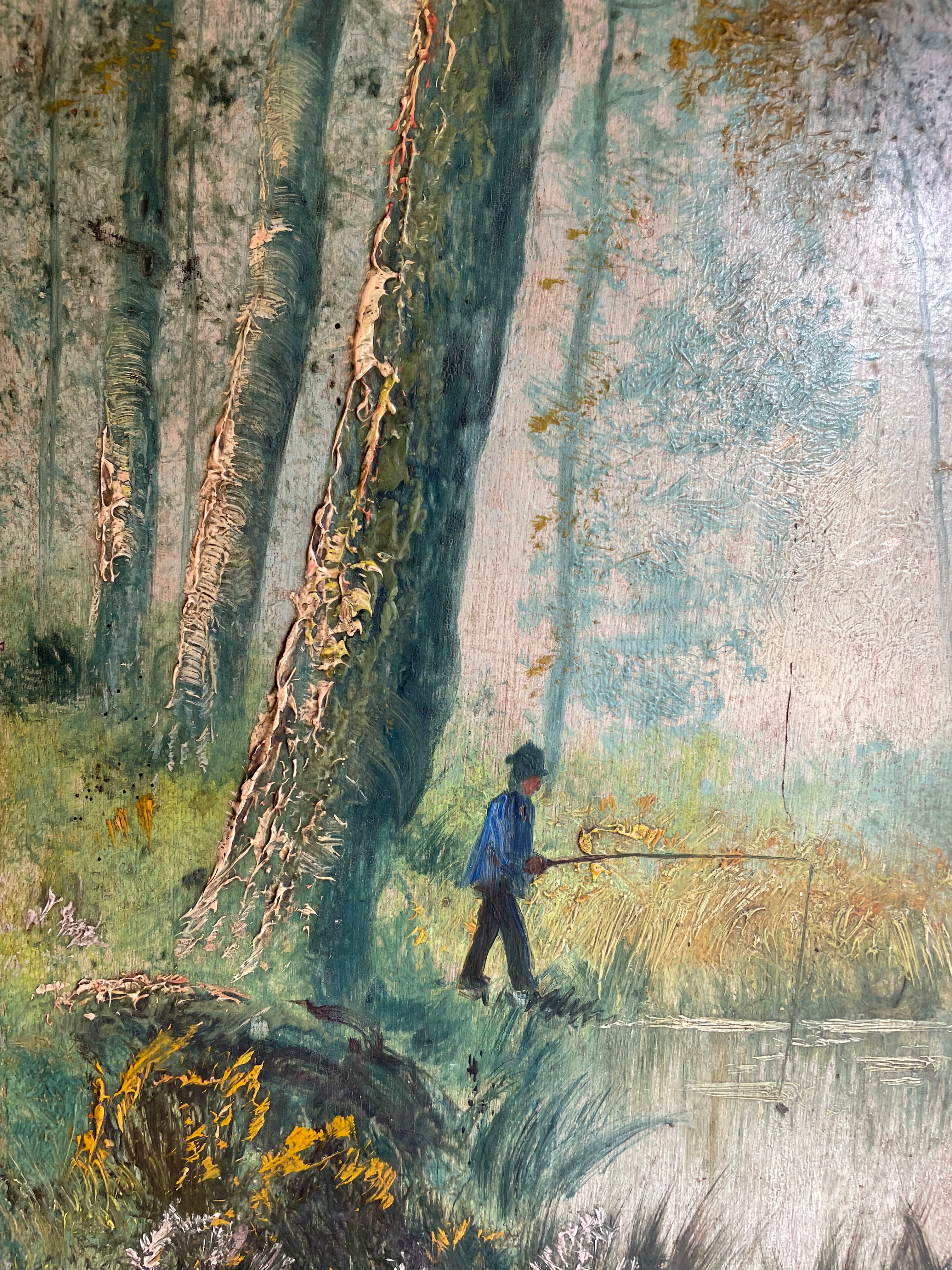 A fisherman amongst the trees: 19th Century Unframed Oil on Wood